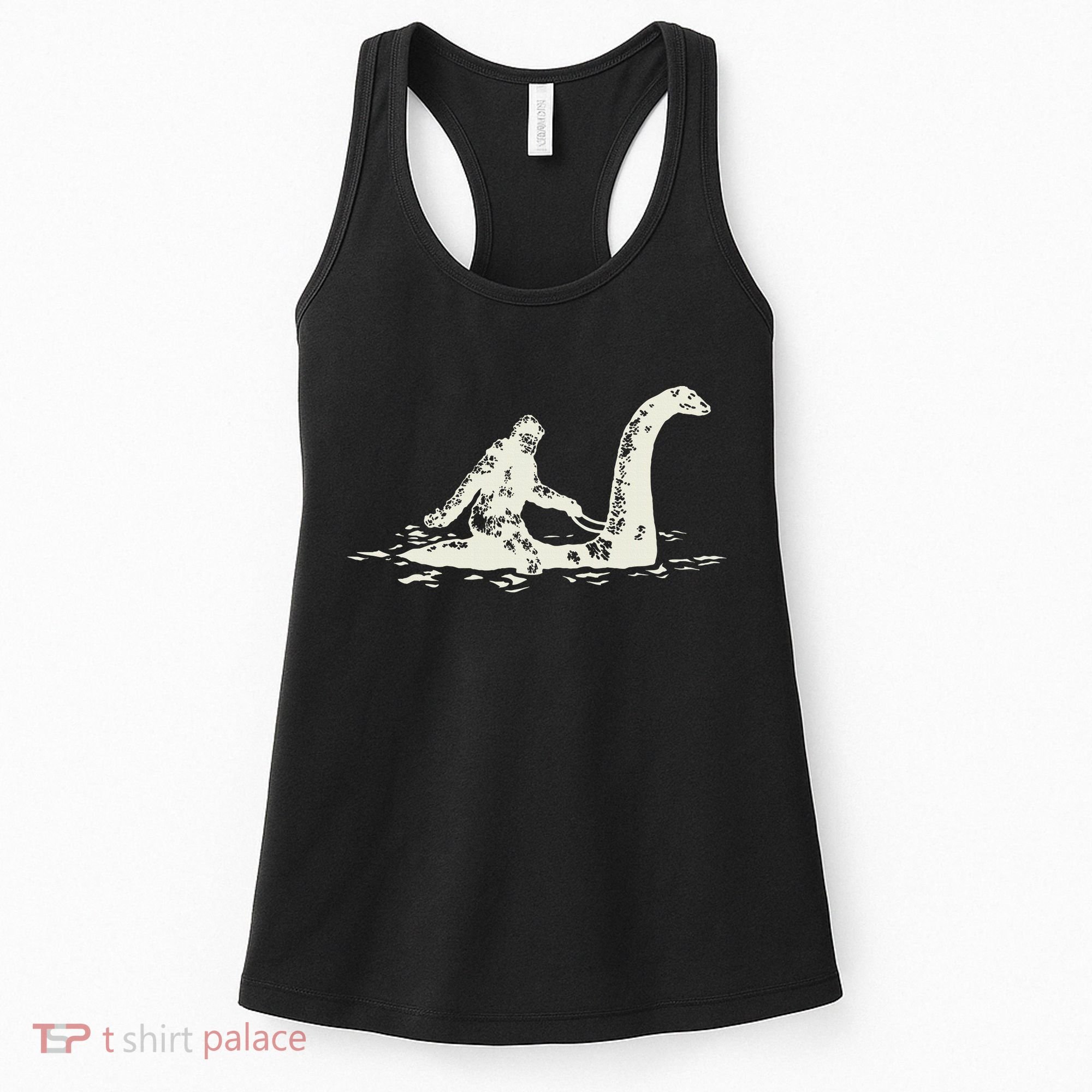 Bigfoot Sasquatch Riding The Loch Ness Monster FunnyShort Sleeve Women's Tank Top