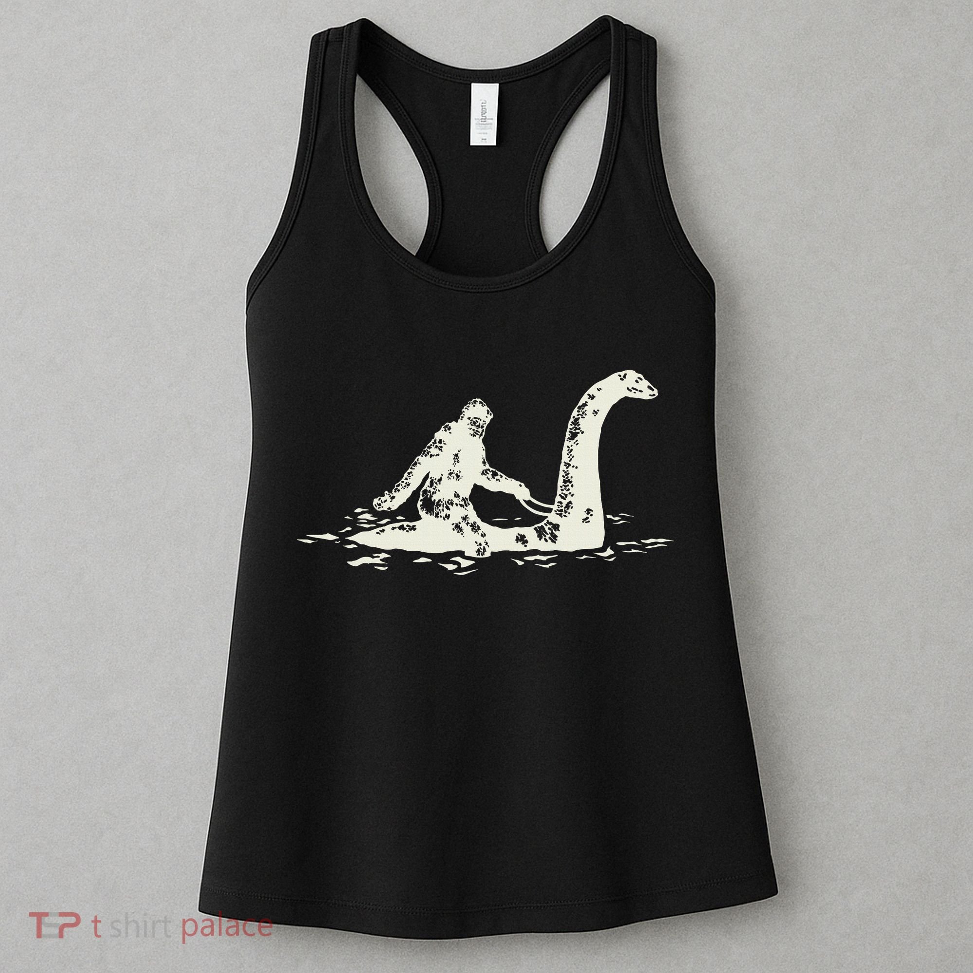 Bigfoot Sasquatch Riding The Loch Ness Monster FunnyShort Sleeve Women's Tank Top