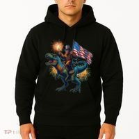 Bigfoot Sasquatch Riding Dinosaur T Rex Funny 4th Of July Hoodie thumb 2