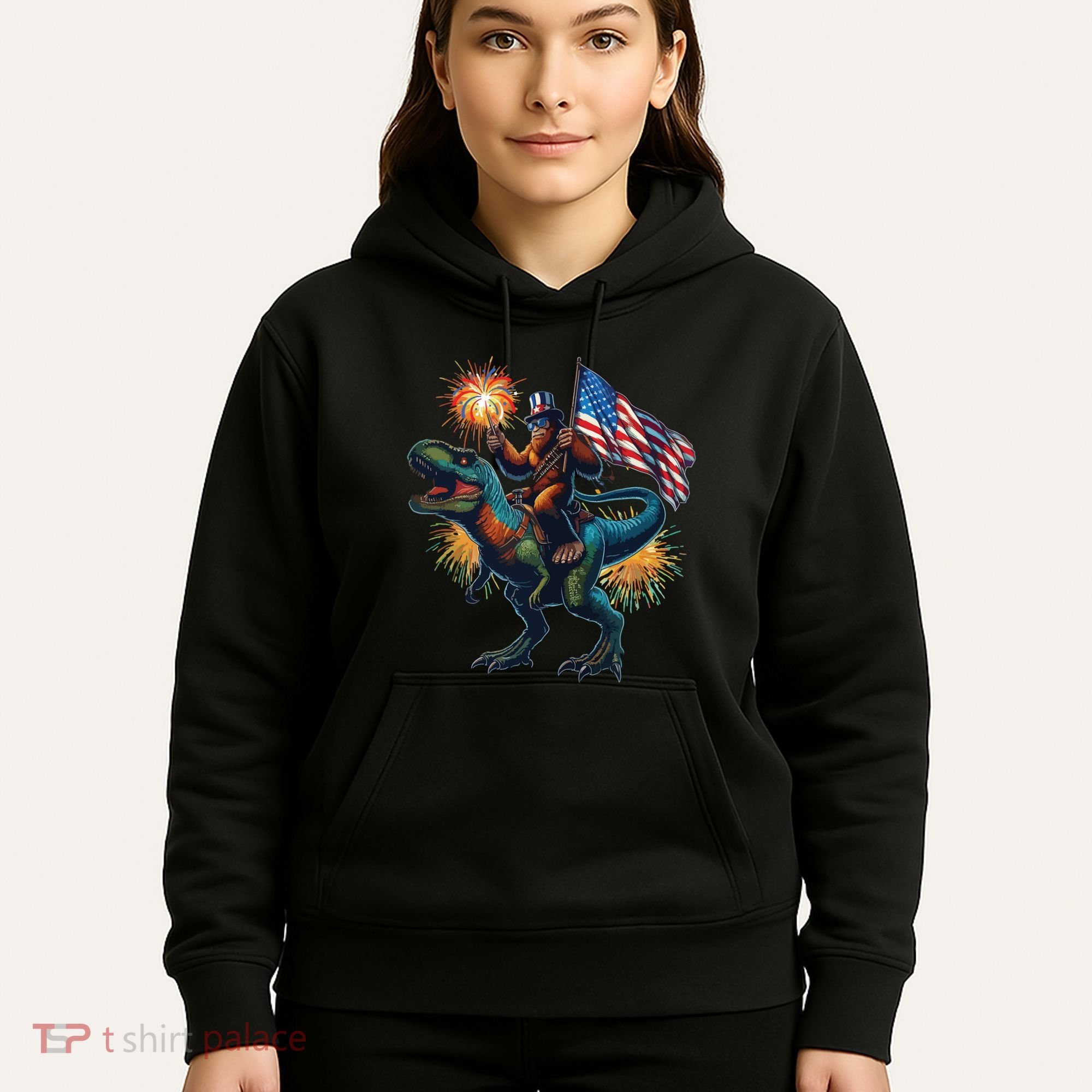 Bigfoot Sasquatch Riding Dinosaur T Rex Funny 4th Of July Hoodie
