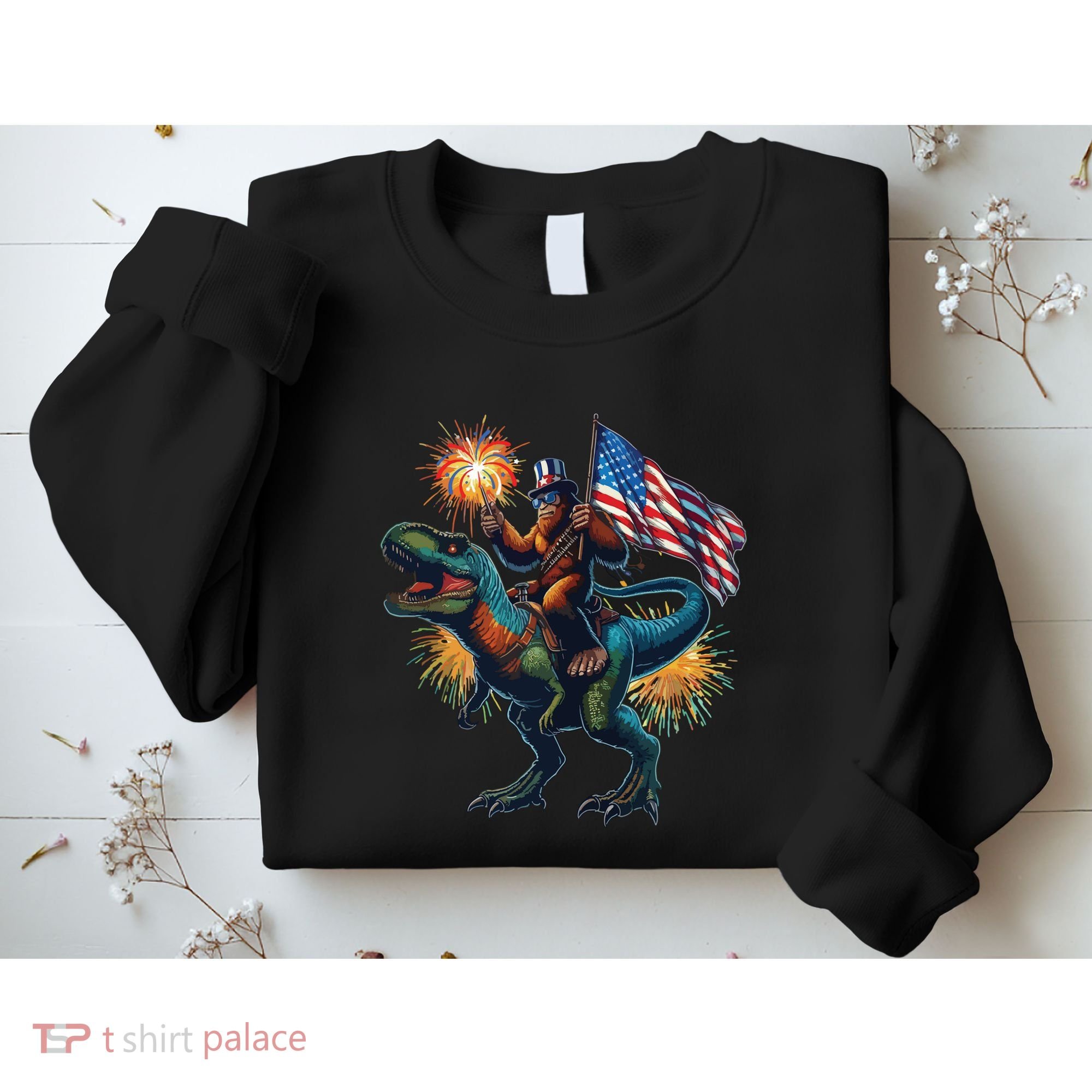Bigfoot Sasquatch Riding Dinosaur T Rex Funny 4th Of July Sweatshirt