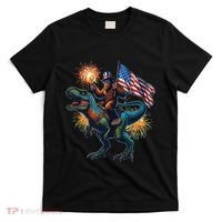 Bigfoot Sasquatch Riding Dinosaur T Rex Funny 4th Of July T-Shirt thumb 0