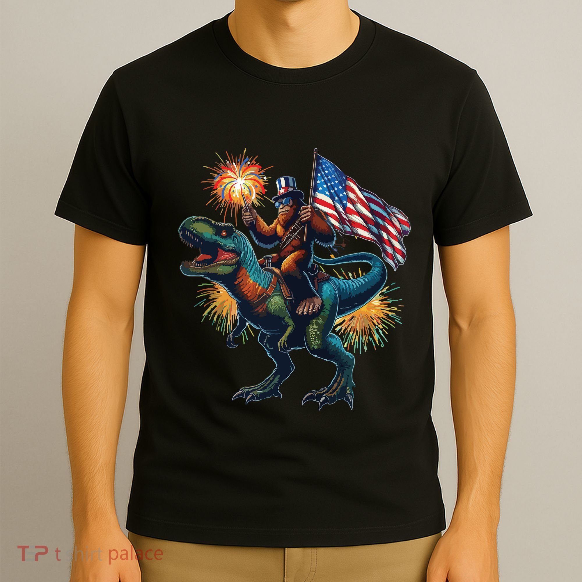 Bigfoot Sasquatch Riding Dinosaur T Rex Funny 4th Of July T-Shirt