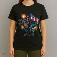 Bigfoot Sasquatch Riding Dinosaur T Rex Funny 4th Of July T-Shirt thumb 4