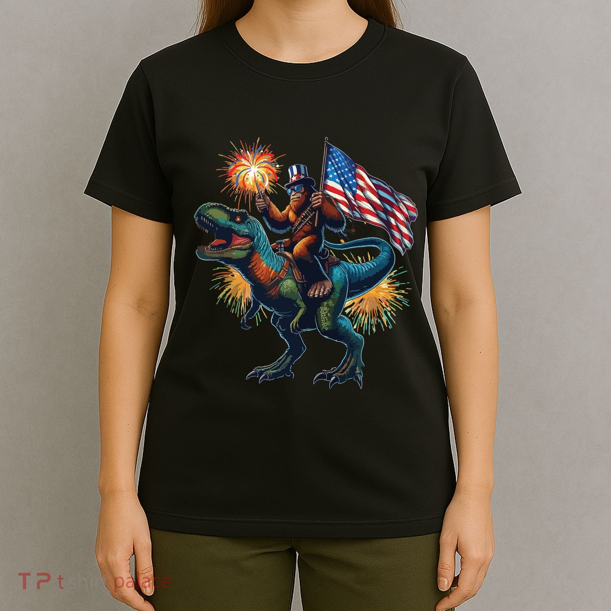 Bigfoot Sasquatch Riding Dinosaur T Rex Funny 4th Of July T-Shirt