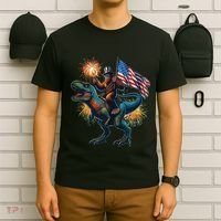Bigfoot Sasquatch Riding Dinosaur T Rex Funny 4th Of July T-Shirt thumb 6