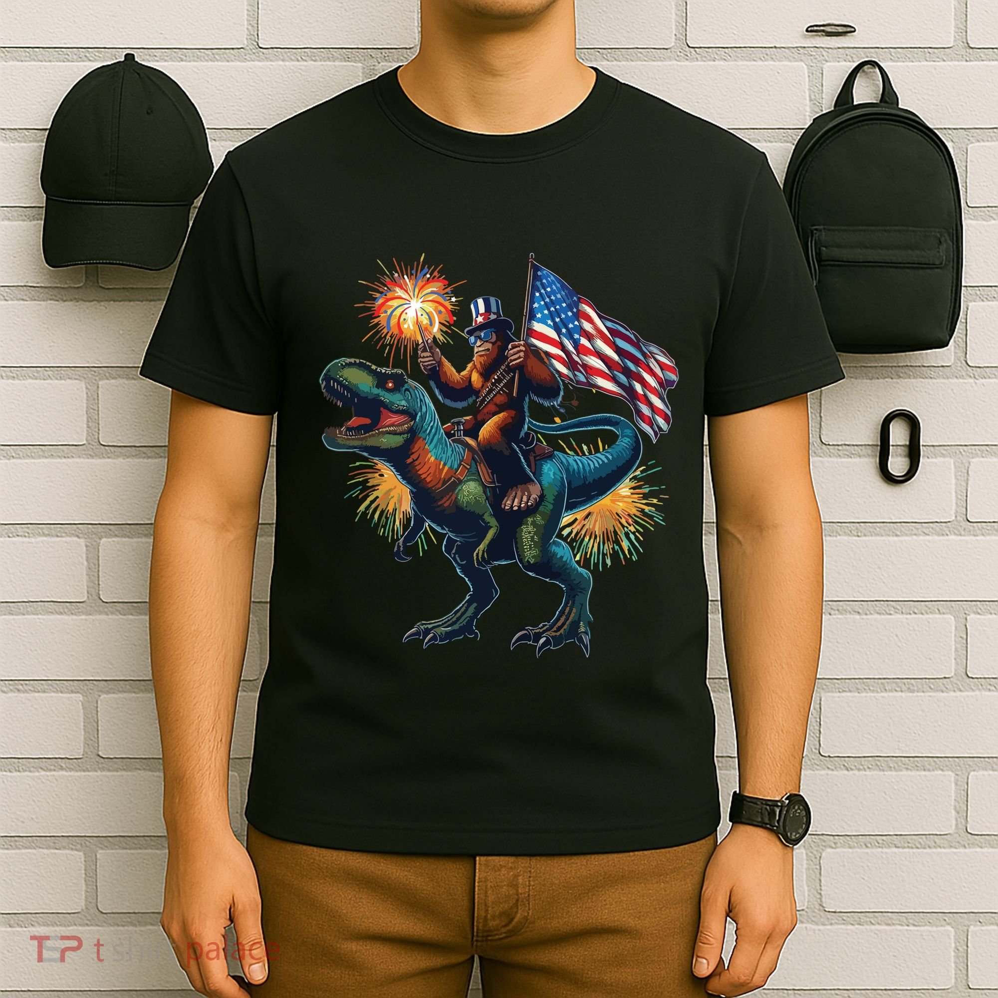 Bigfoot Sasquatch Riding Dinosaur T Rex Funny 4th Of July T-Shirt