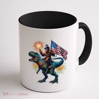 Bigfoot Sasquatch Riding Dinosaur T Rex Funny 4th Of July Coffee Mug thumb 1
