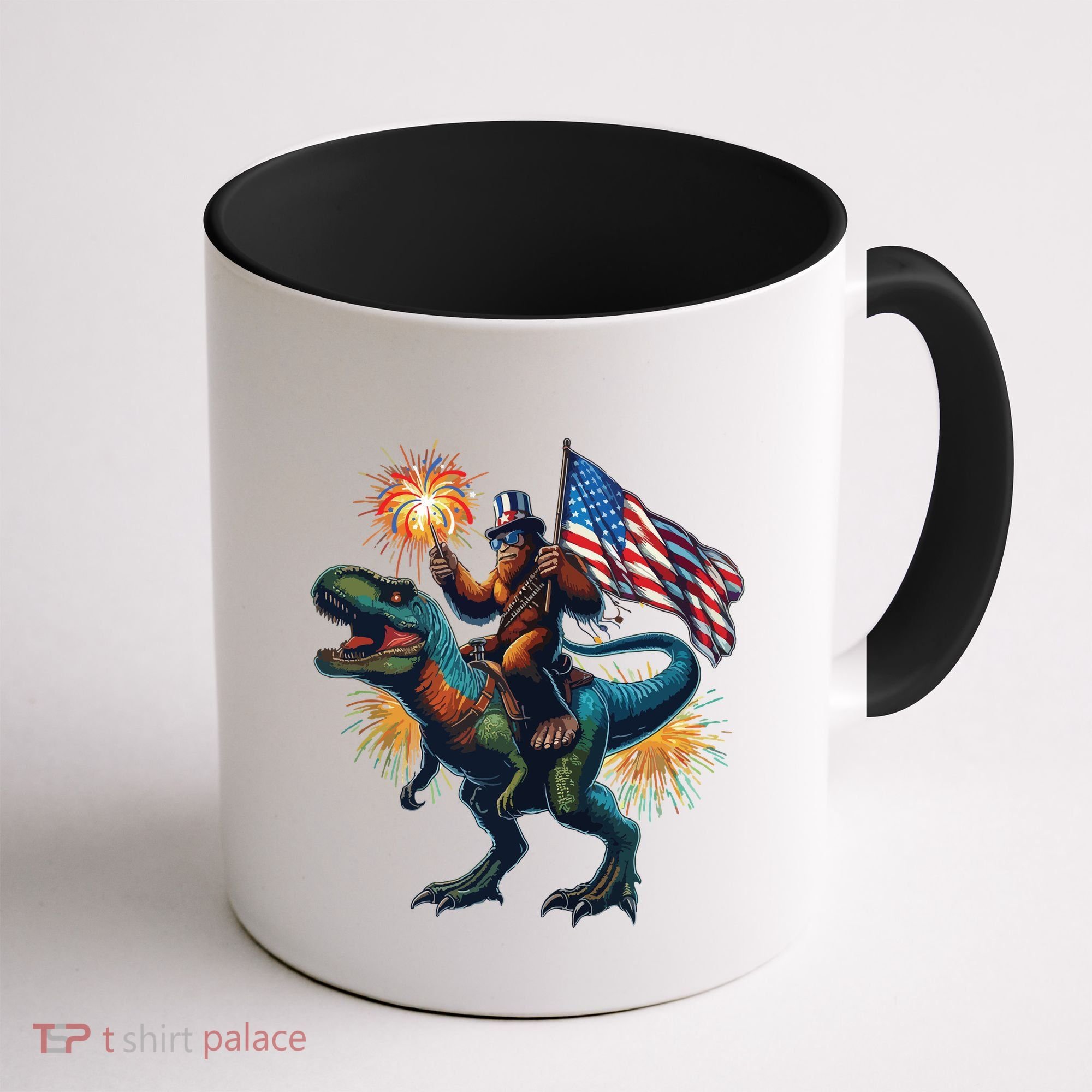 Bigfoot Sasquatch Riding Dinosaur T Rex Funny 4th Of July Coffee Mug