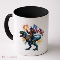 Bigfoot Sasquatch Riding Dinosaur T Rex Funny 4th Of July Coffee Mug thumb 0