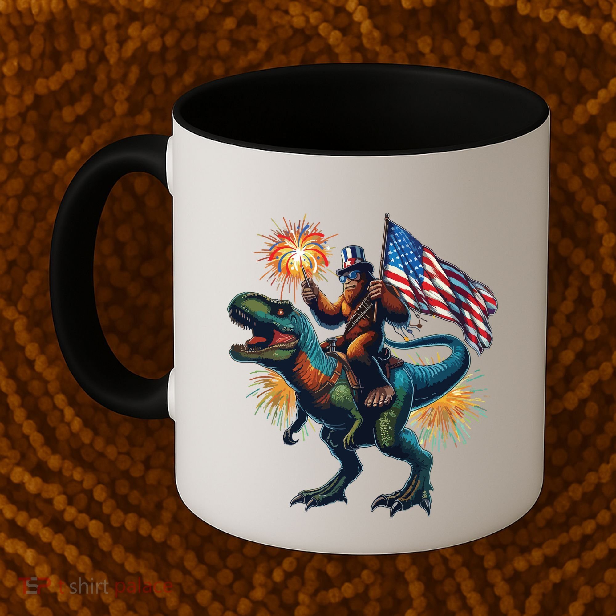 Bigfoot Sasquatch Riding Dinosaur T Rex Funny 4th Of July Coffee Mug