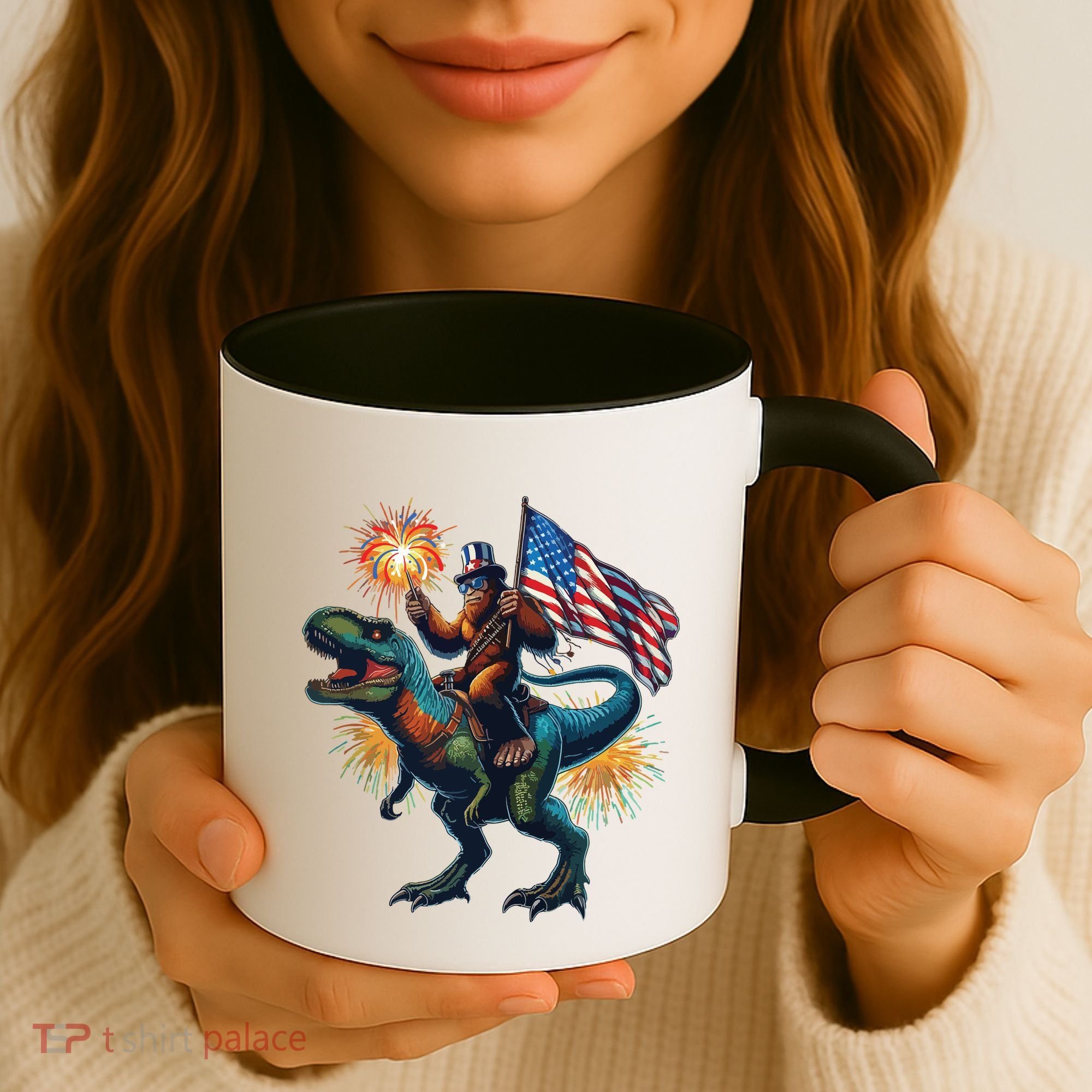 Bigfoot Sasquatch Riding Dinosaur T Rex Funny 4th Of July Coffee Mug