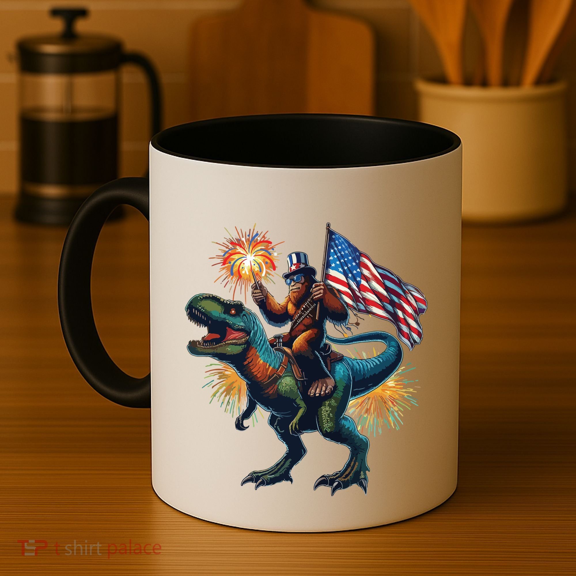 Bigfoot Sasquatch Riding Dinosaur T Rex Funny 4th Of July Coffee Mug