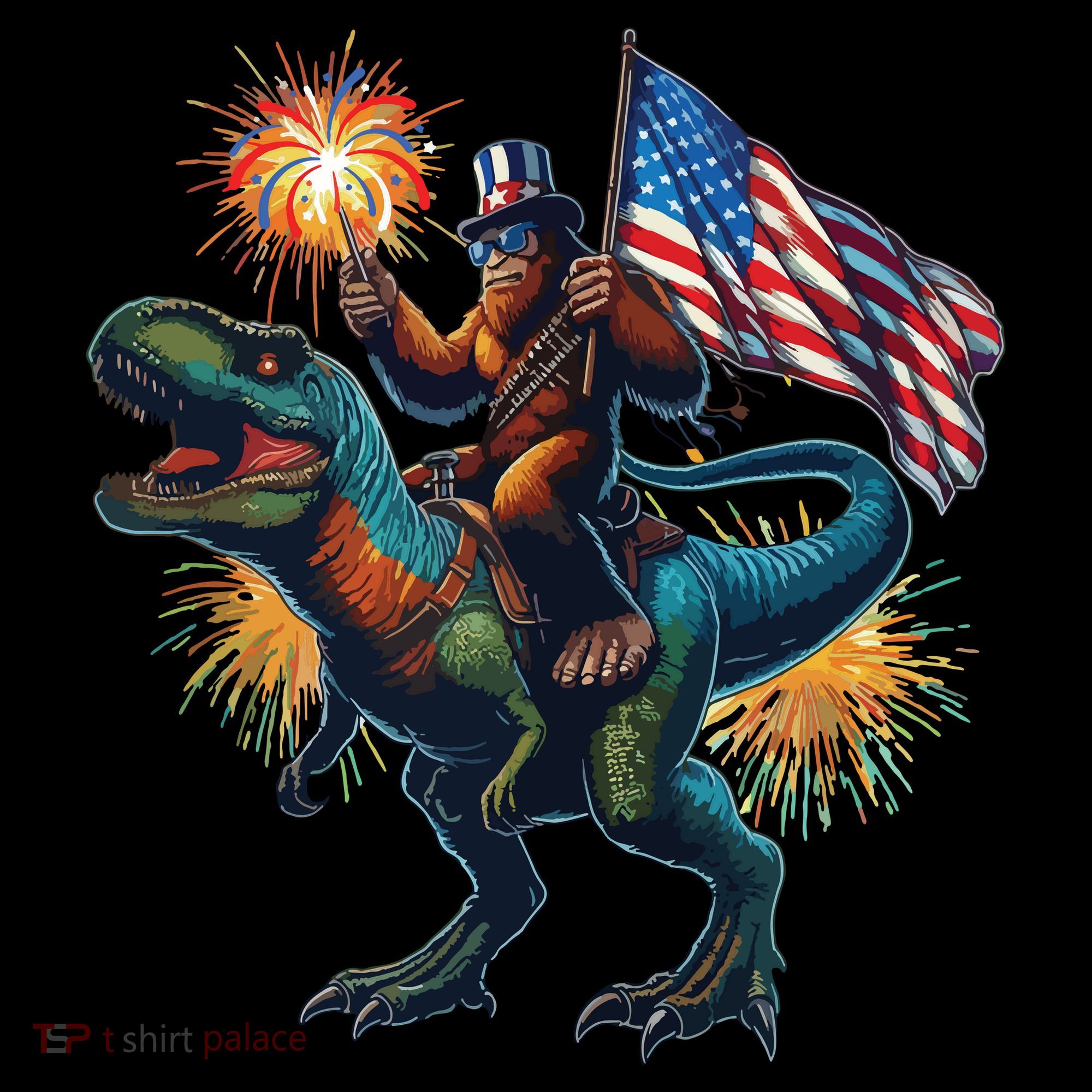 Bigfoot Sasquatch Riding Dinosaur T Rex Funny 4th Of July Coffee Mug