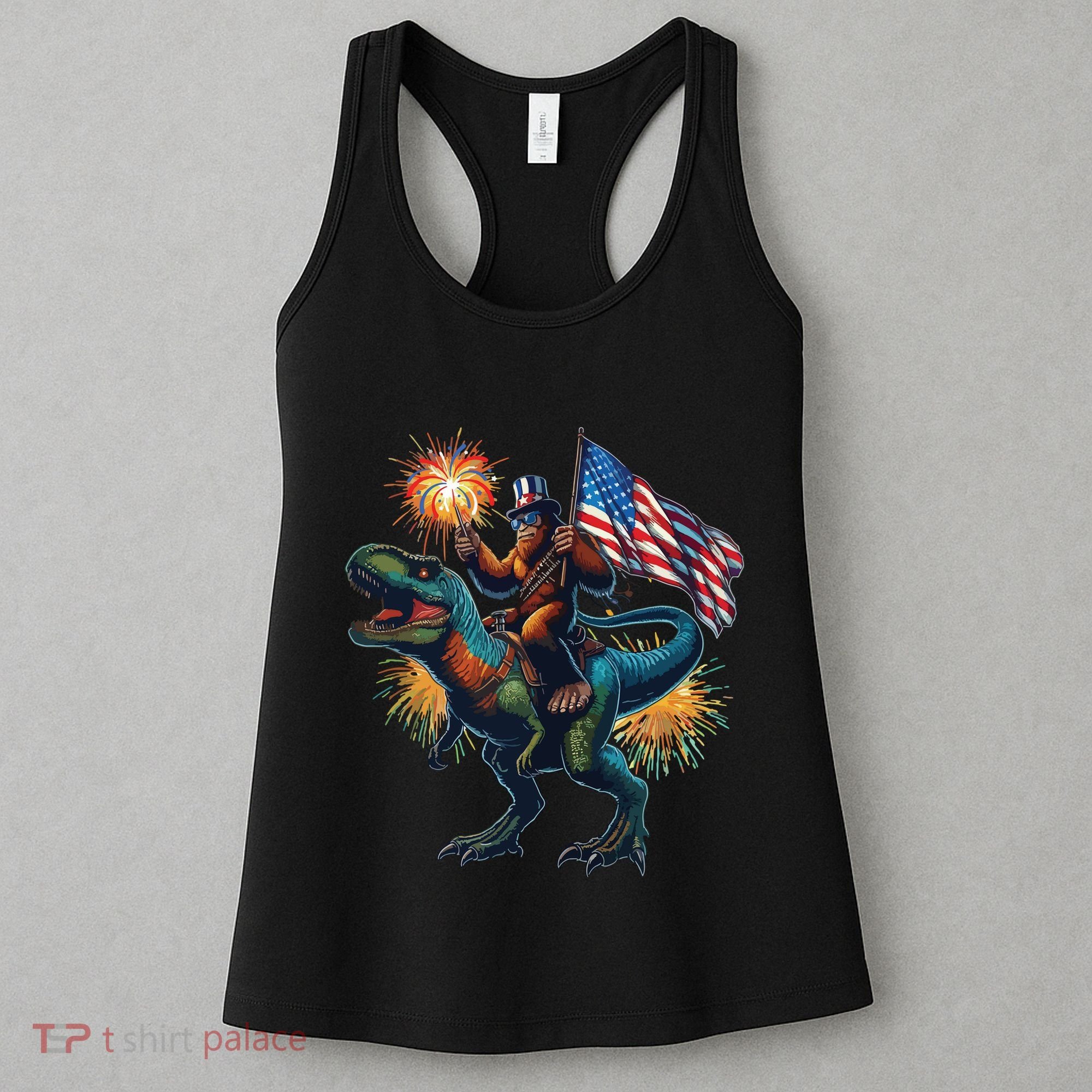 Bigfoot Sasquatch Riding Dinosaur T Rex Funny 4th Of July Women's Tank Top