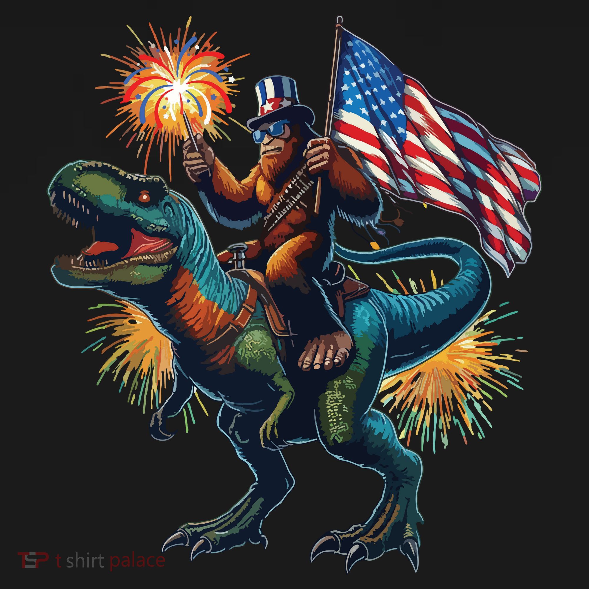 Bigfoot Sasquatch Riding Dinosaur T Rex Funny 4th Of July Baby Bodysuit