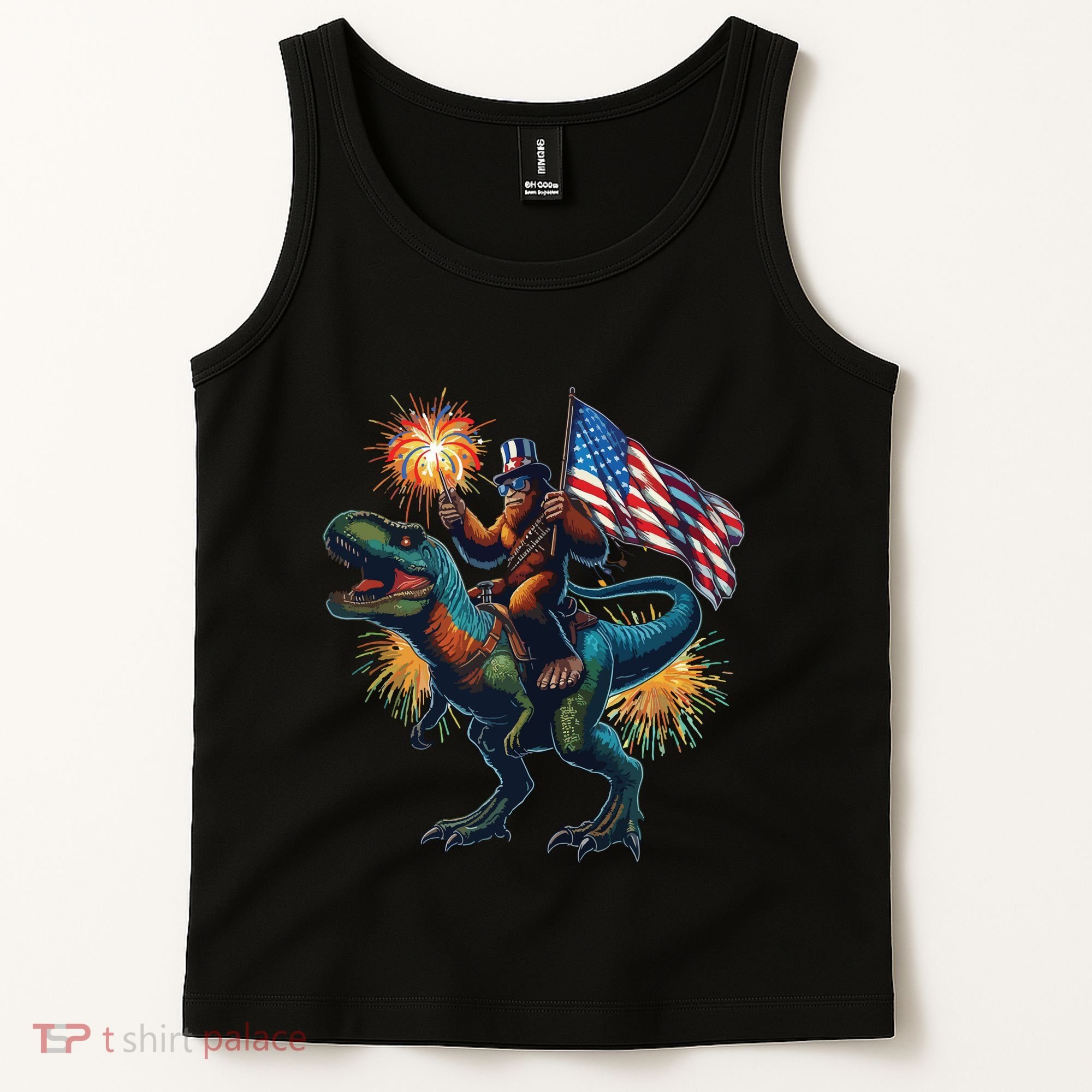 Bigfoot Sasquatch Riding Dinosaur T Rex Funny 4th Of July Tank Top