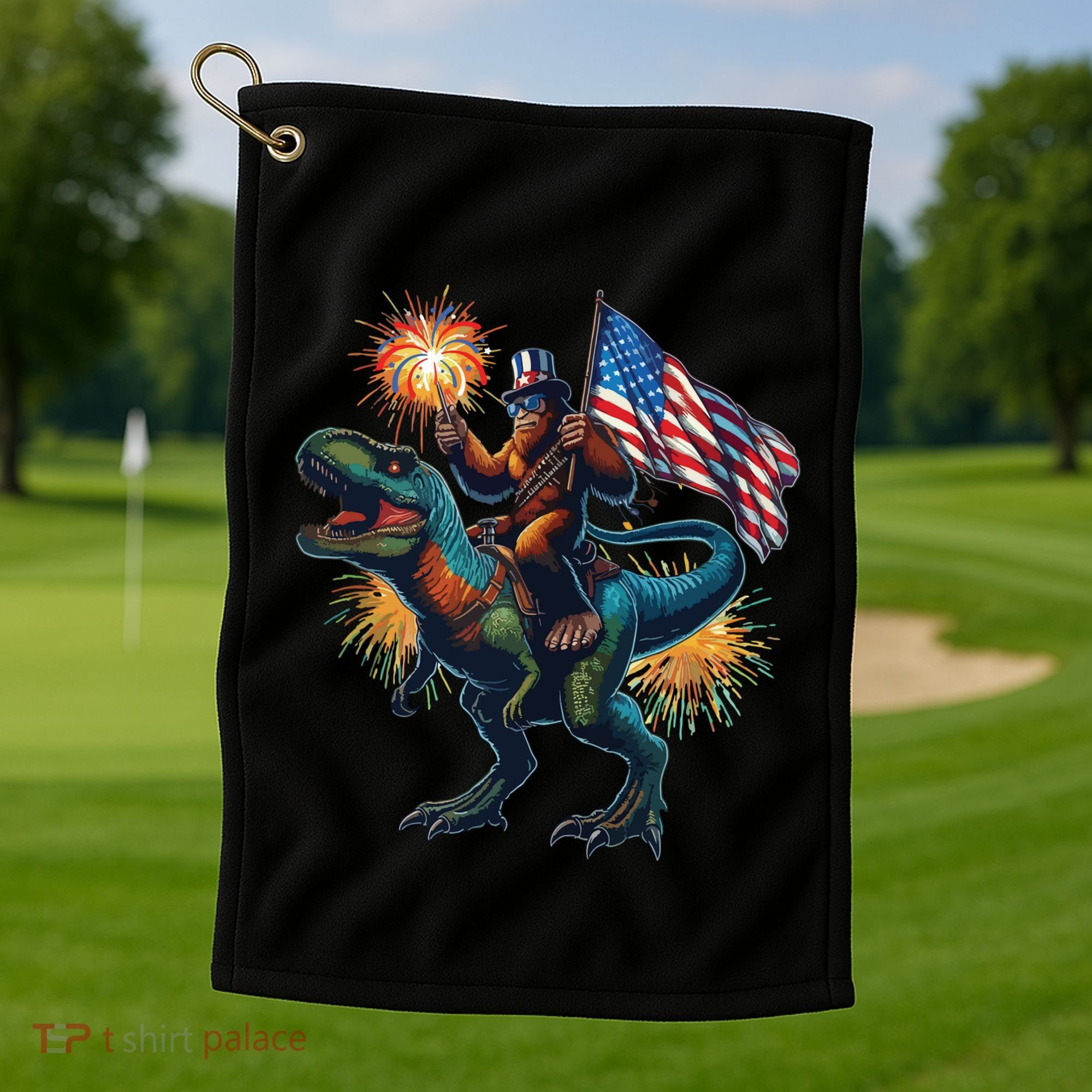 Bigfoot Sasquatch Riding Dinosaur T Rex Funny 4th Of July Golf Towel