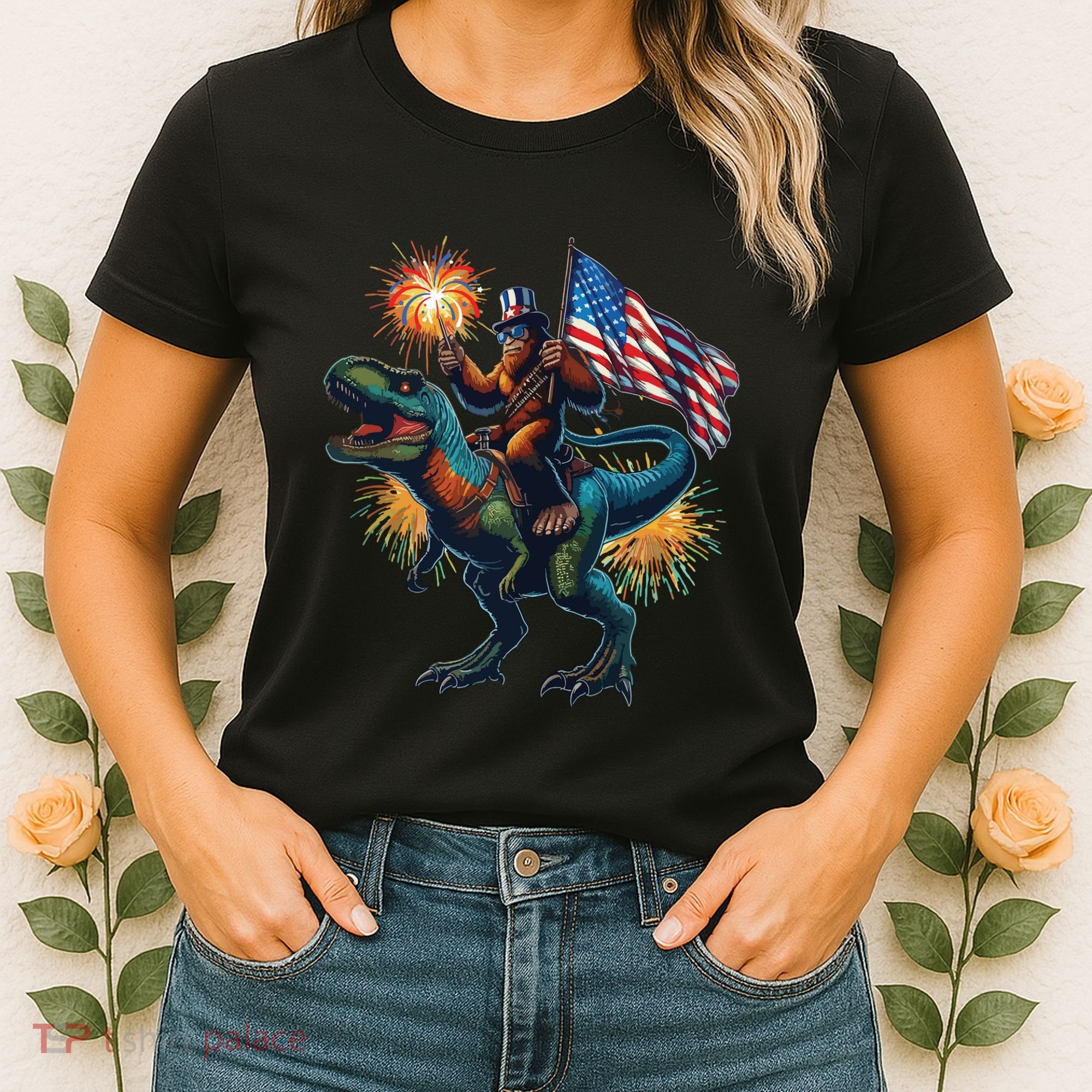 Bigfoot Sasquatch Riding Dinosaur T Rex Funny 4th Of July Women's T-Shirt