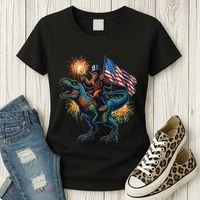 Bigfoot Sasquatch Riding Dinosaur T Rex Funny 4th Of July Women's T-Shirt thumb 3