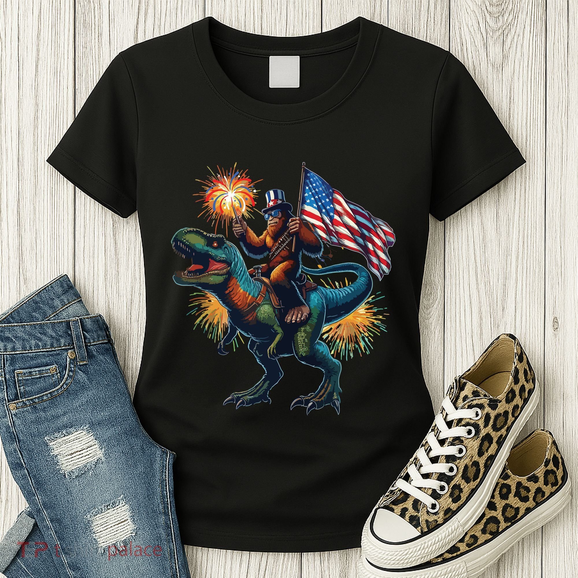 Bigfoot Sasquatch Riding Dinosaur T Rex Funny 4th Of July Women's T-Shirt