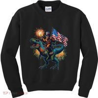 Bigfoot Sasquatch Riding Dinosaur T Rex Funny 4th Of July Kids Sweatshirt thumb 0