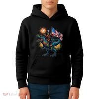 Bigfoot Sasquatch Riding Dinosaur T Rex Funny 4th Of July Kids Hoodie thumb 4