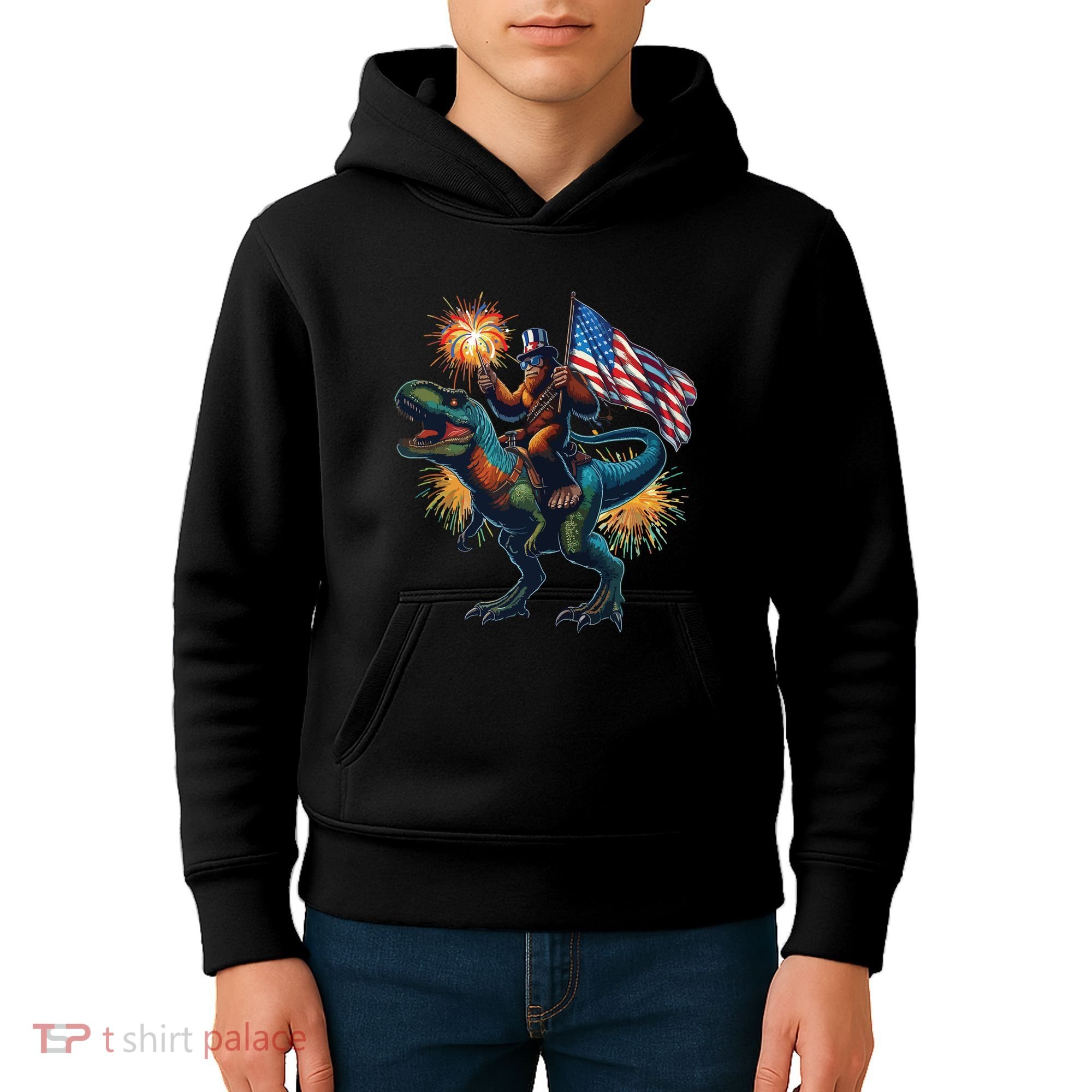 Bigfoot Sasquatch Riding Dinosaur T Rex Funny 4th Of July Kids Hoodie