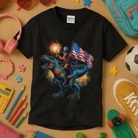 Bigfoot Sasquatch Riding Dinosaur T Rex Funny 4th Of July Kids T-Shirt thumb 3