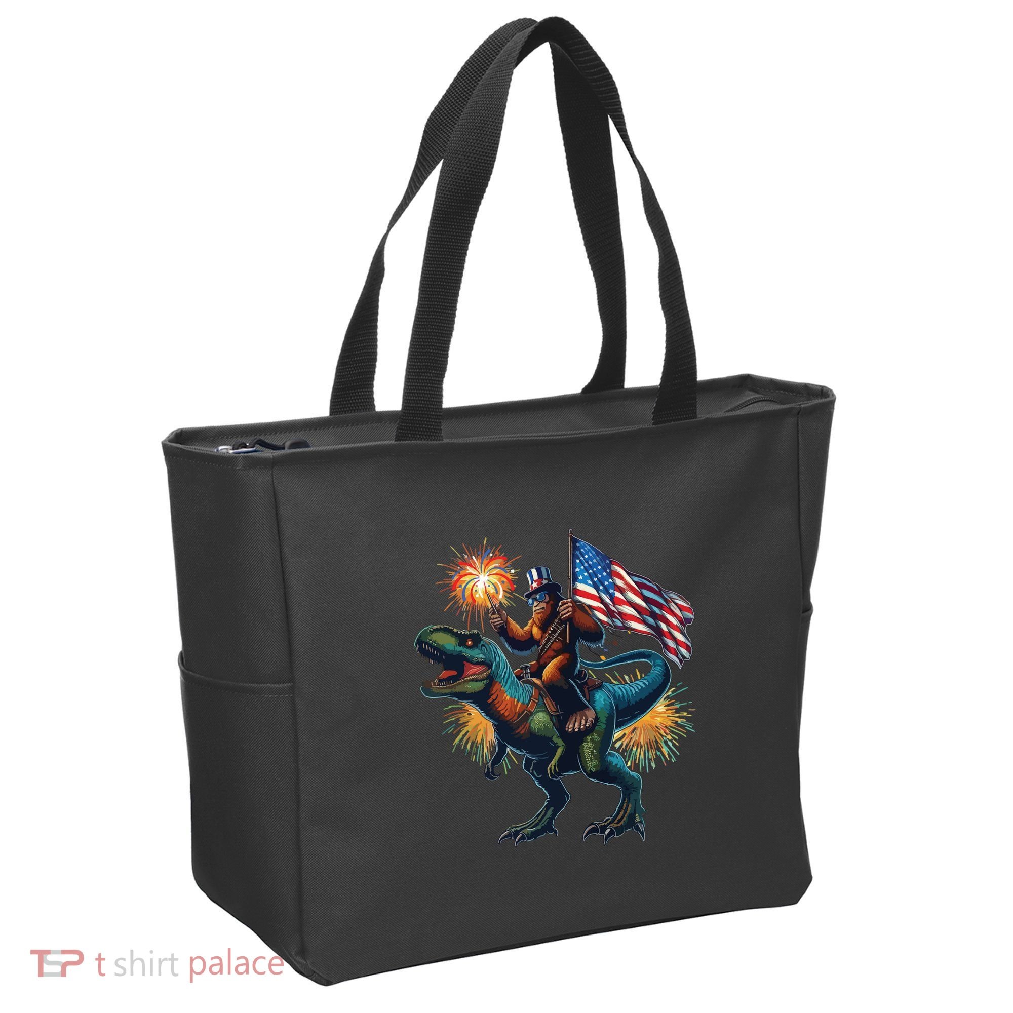 Bigfoot Sasquatch Riding Dinosaur T Rex Funny 4th Of July Tote Bag