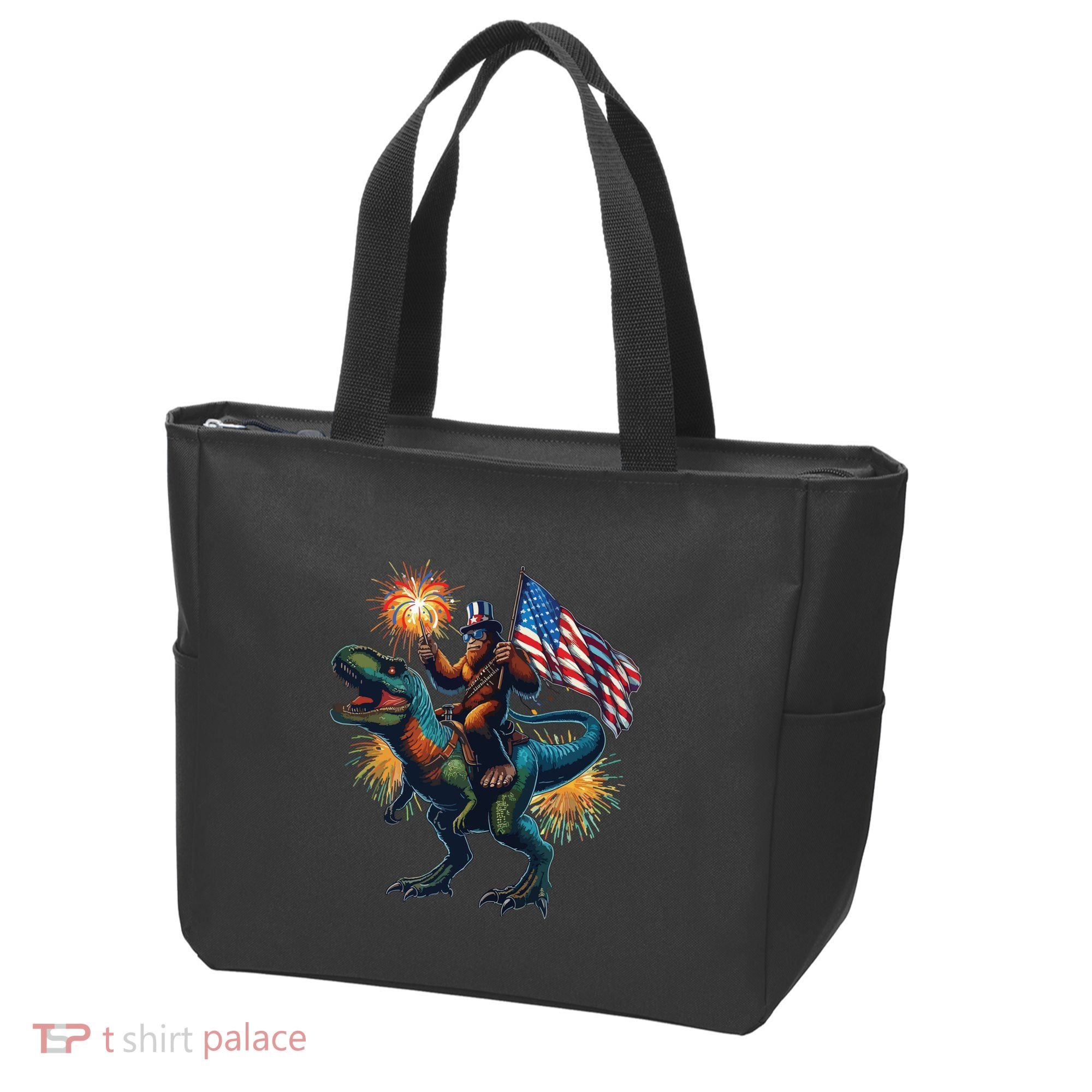 Bigfoot Sasquatch Riding Dinosaur T Rex Funny 4th Of July Tote Bag