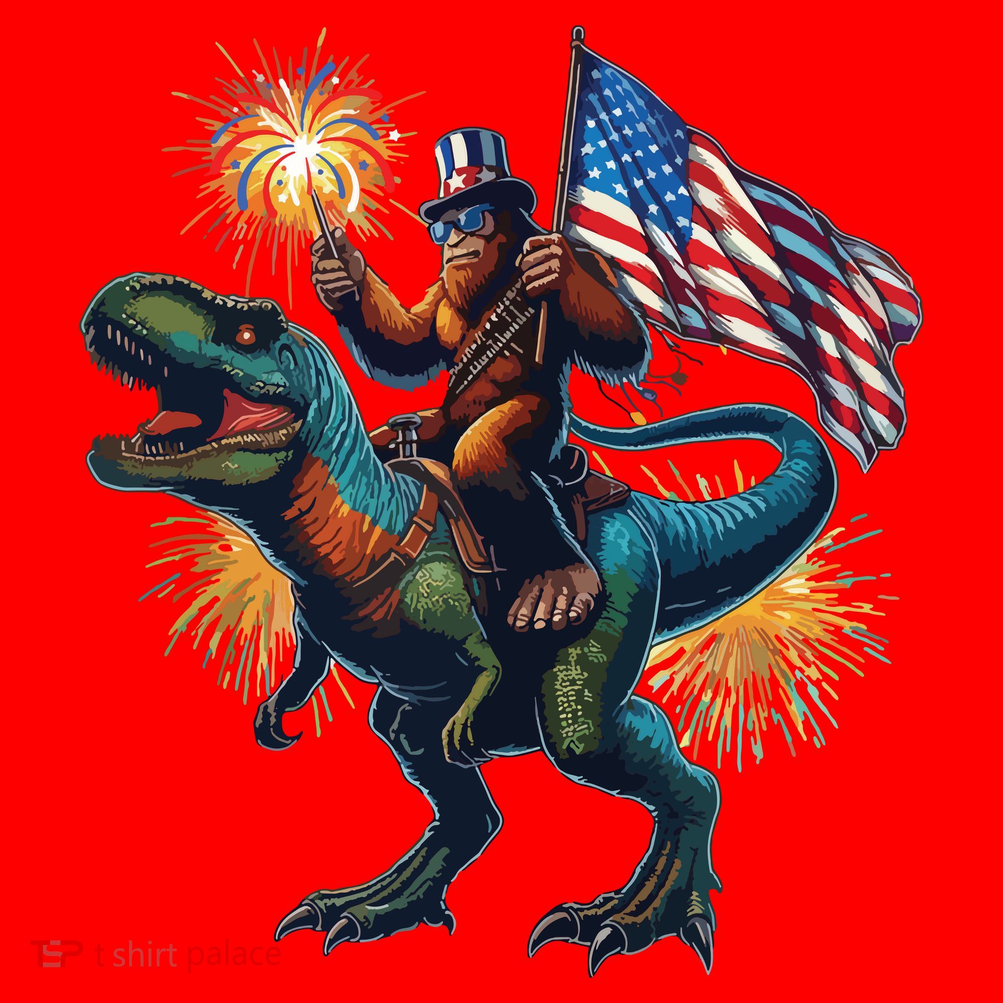 Bigfoot Sasquatch Riding Dinosaur T Rex Funny 4th Of July Santa Hat