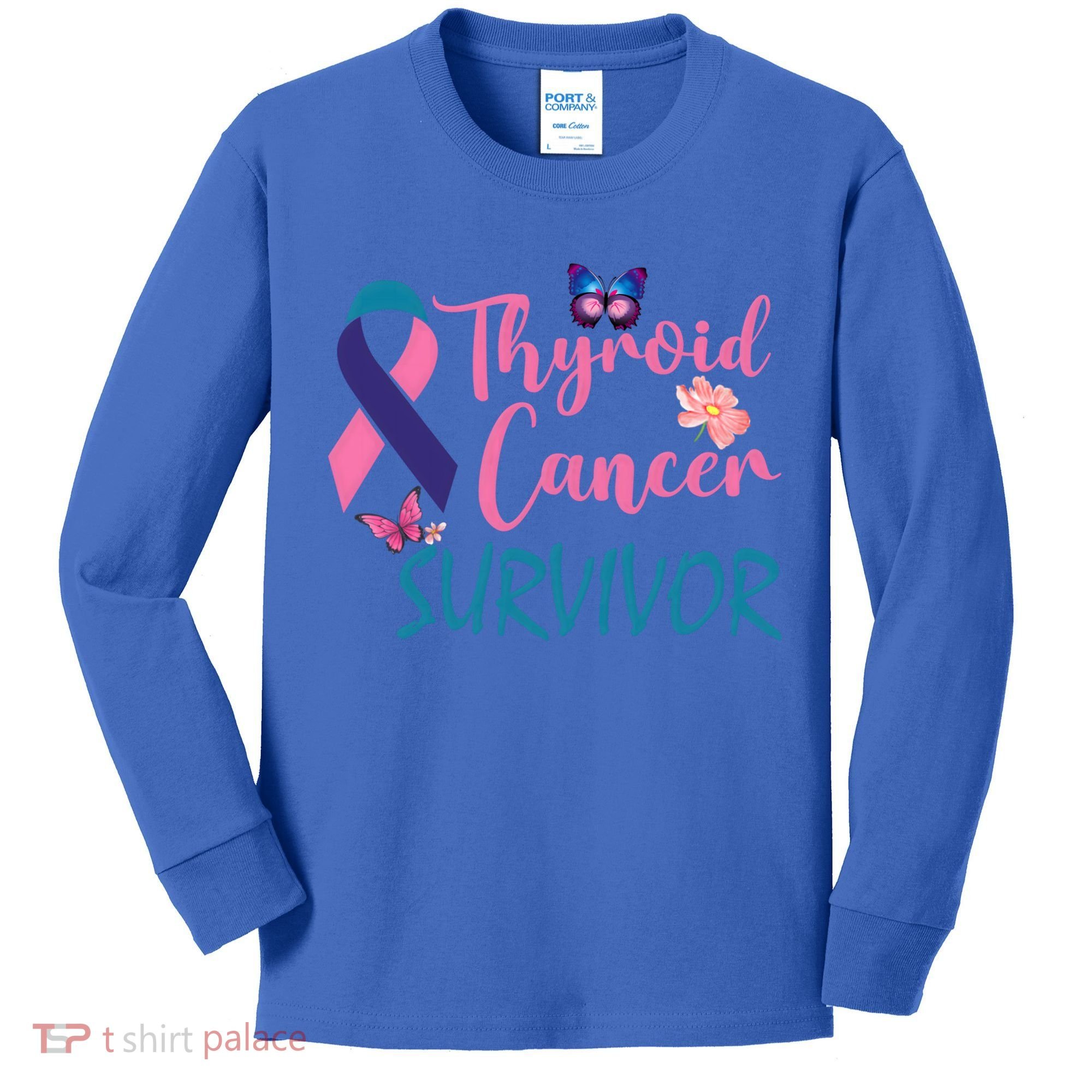 Butterflies Support Ribbon Thyroid Cancer Survivor Gift Kids Long Sleeve Shirt