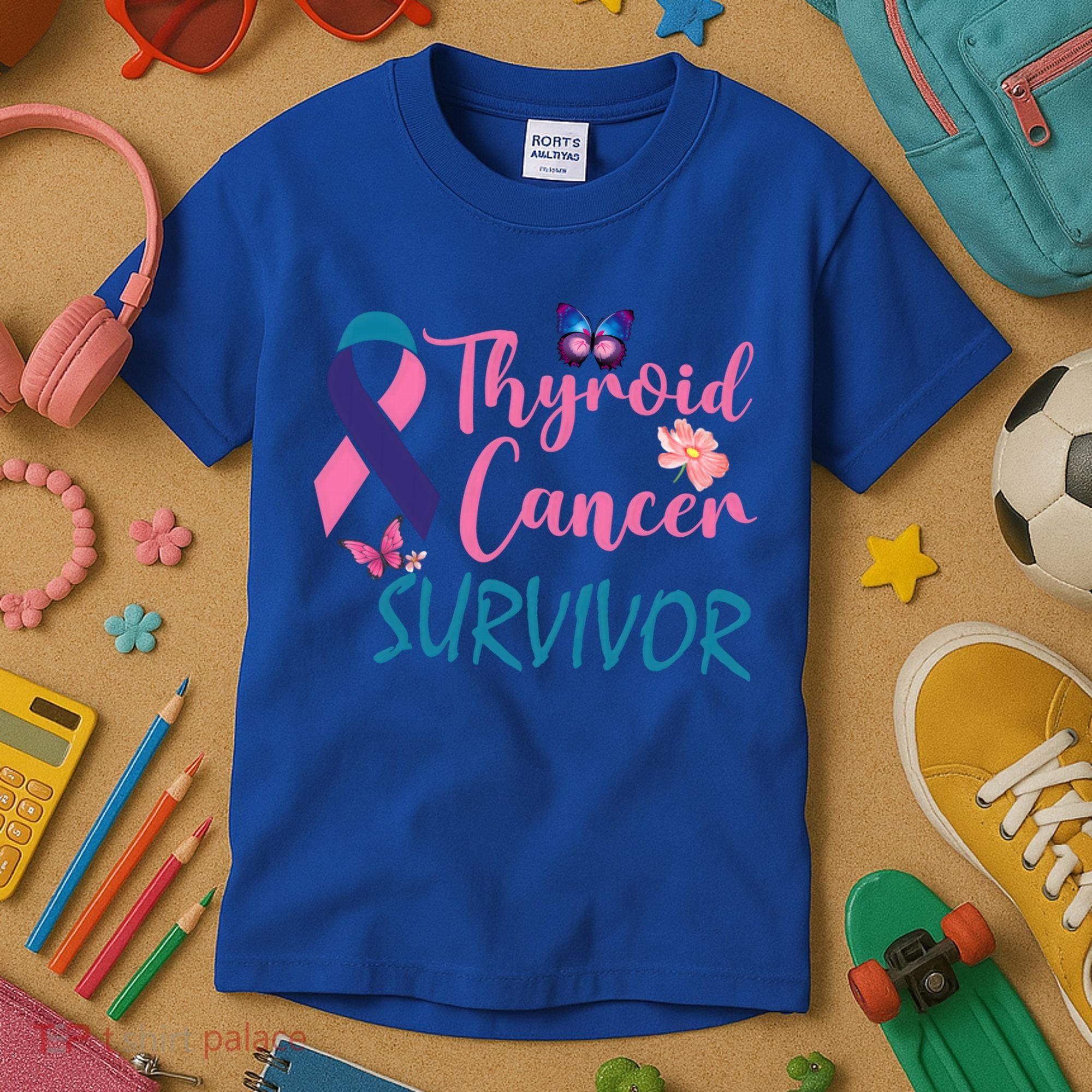 Butterflies Support Ribbon Thyroid Cancer Survivor Gift Kids T-Shirt