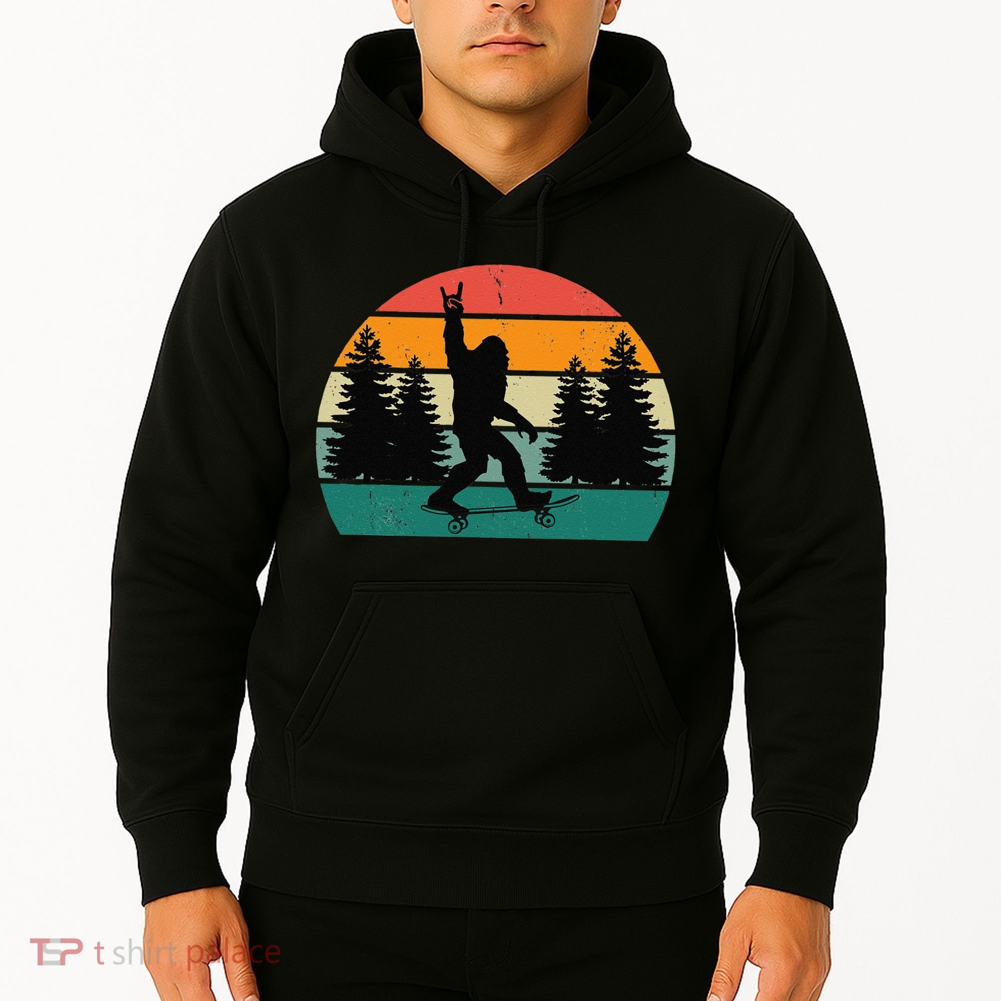 Bigfoot Skateboarding Skater Retro Sunset Funny Sasquatch Hoodie