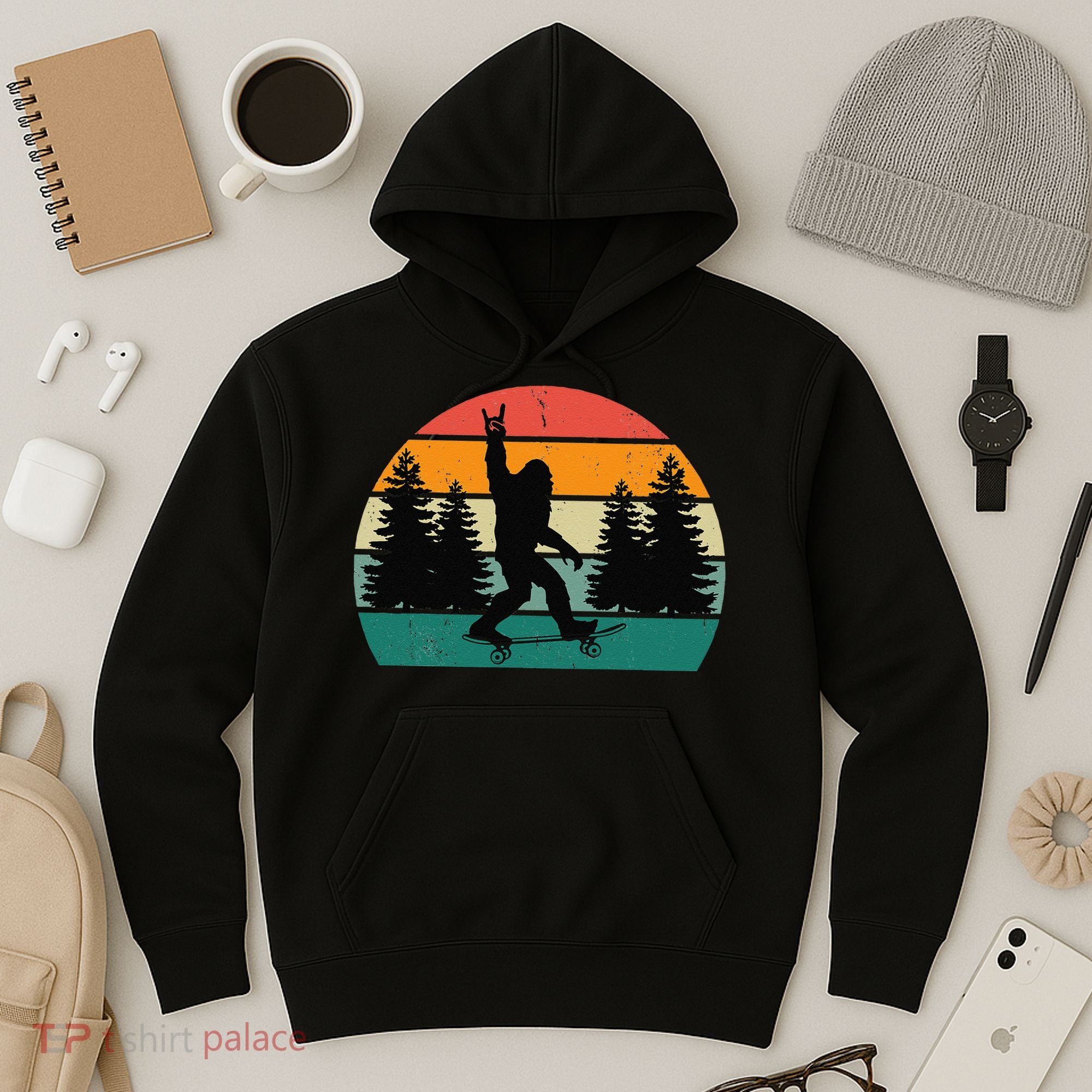 Bigfoot Skateboarding Skater Retro Sunset Funny Sasquatch Hoodie
