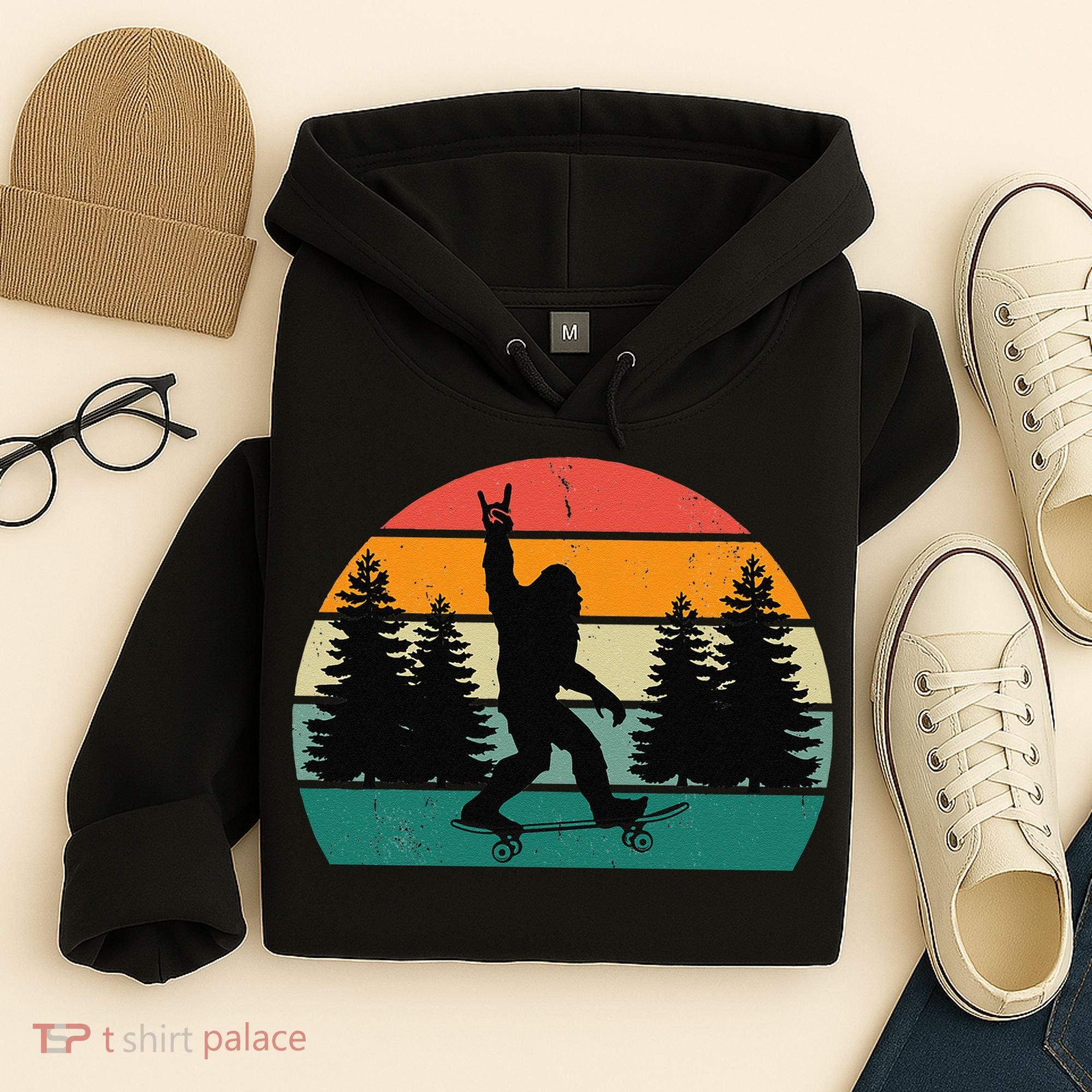 Bigfoot Skateboarding Skater Retro Sunset Funny Sasquatch Hoodie