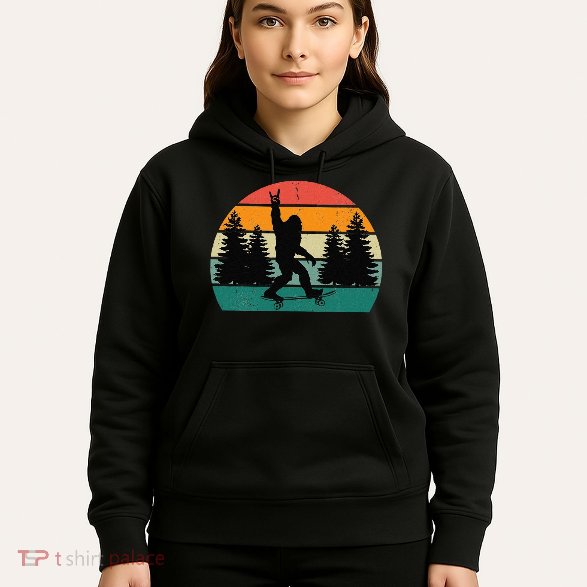 Bigfoot Skateboarding Skater Retro Sunset Funny Sasquatch Hoodie