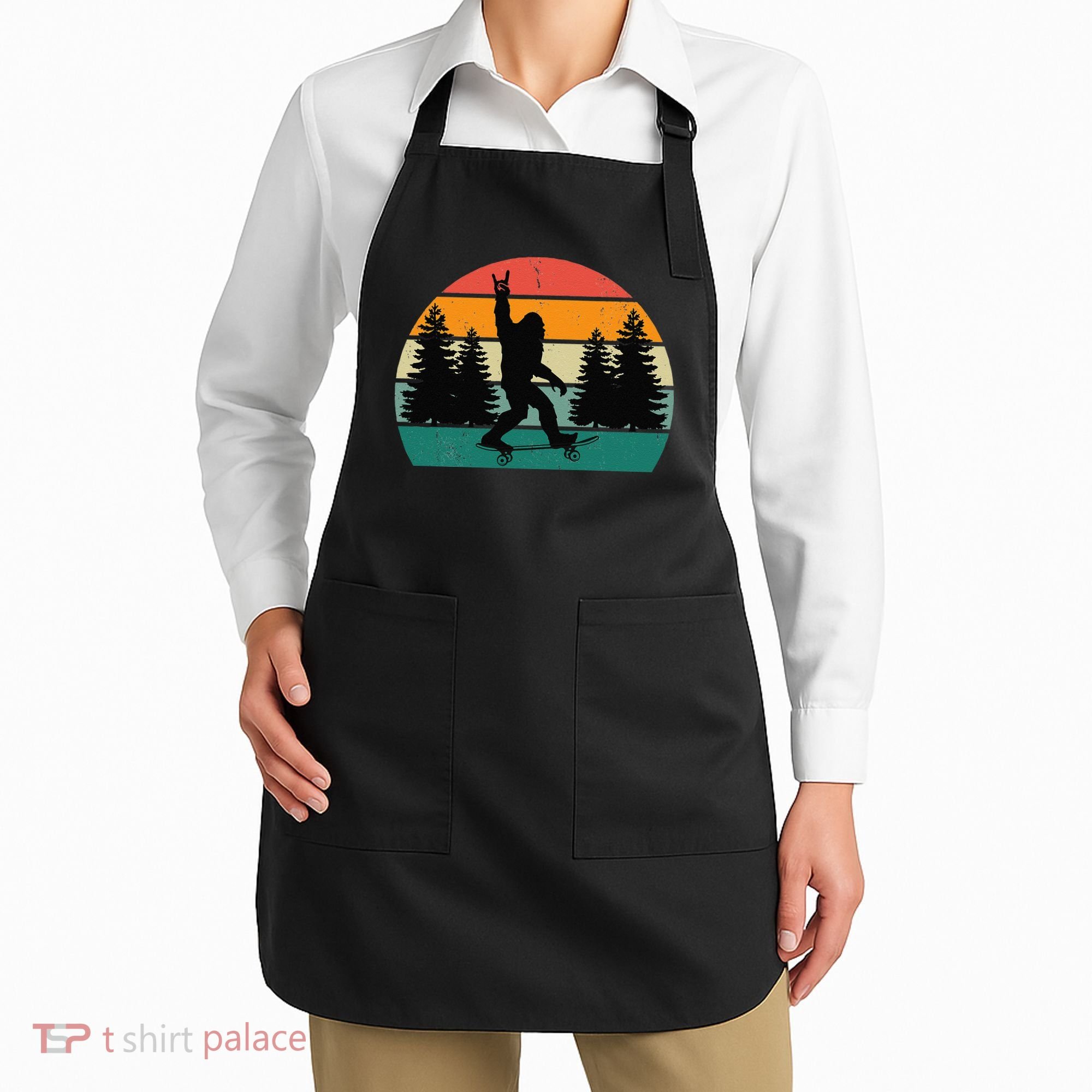 Bigfoot Skateboarding Skater Retro Sunset Funny Sasquatch Apron