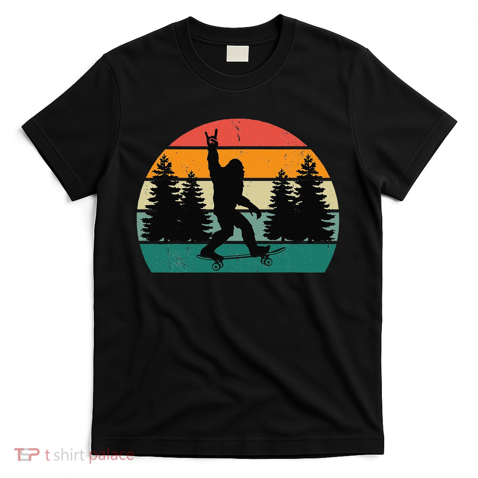 Bigfoot Skateboarding Skater Retro Sunset Funny Sasquatch T-Shirt