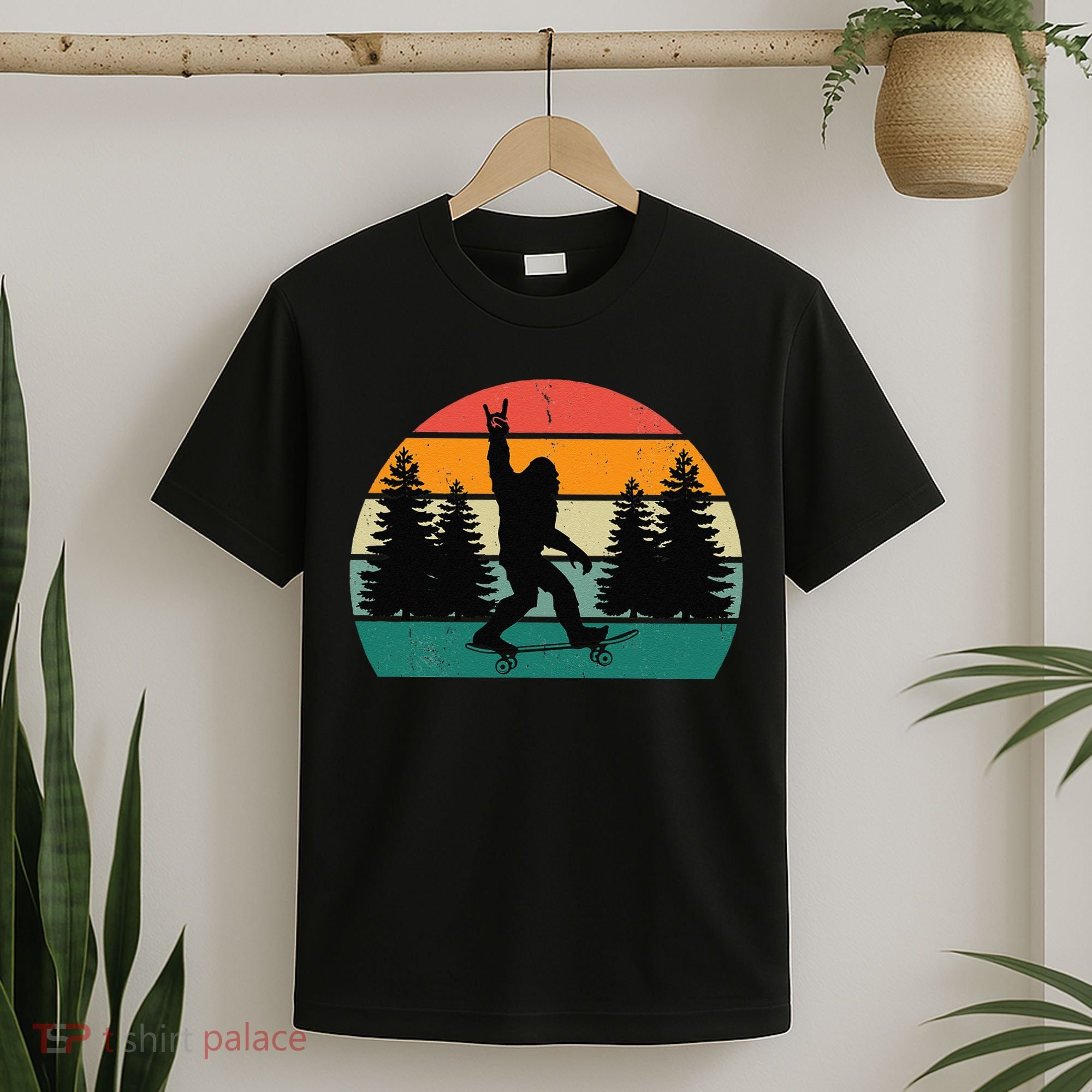 Bigfoot Skateboarding Skater Retro Sunset Funny Sasquatch T-Shirt