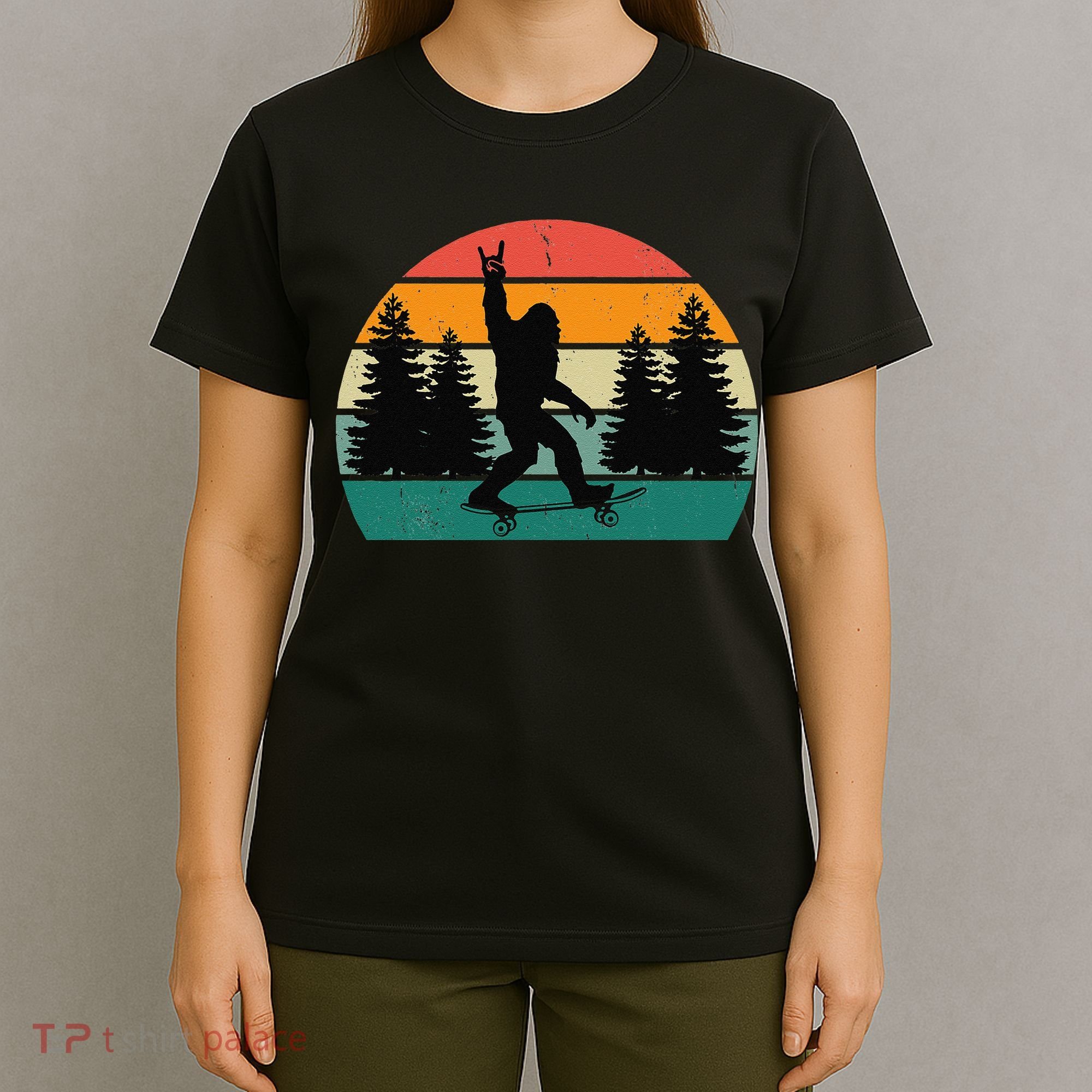 Bigfoot Skateboarding Skater Retro Sunset Funny Sasquatch T-Shirt