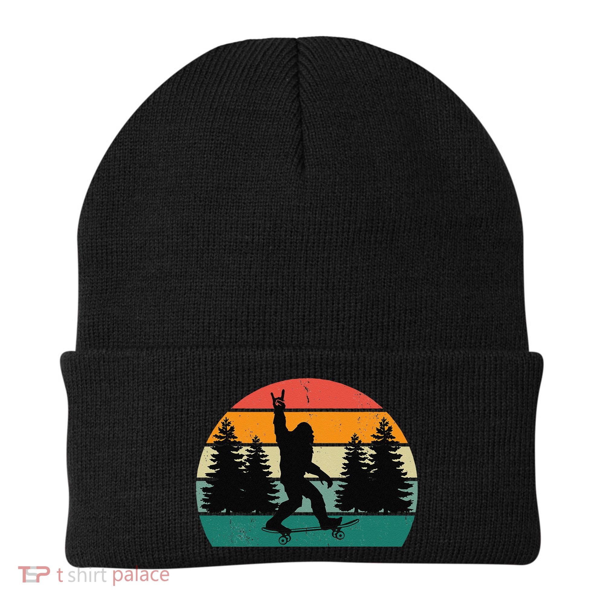 Bigfoot Skateboarding Skater Retro Sunset Funny Sasquatch Beanie