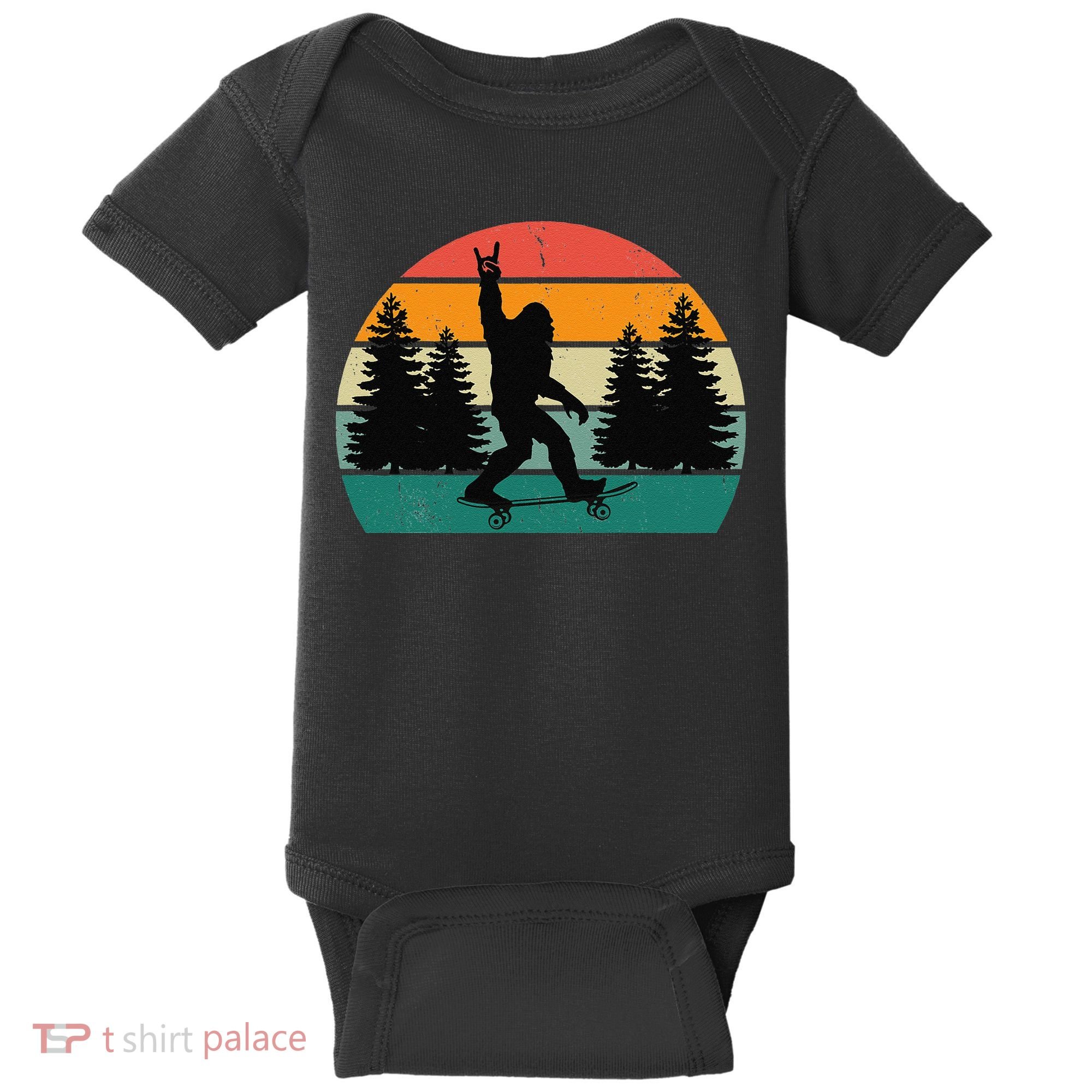 Bigfoot Skateboarding Skater Retro Sunset Funny Sasquatch Baby Bodysuit