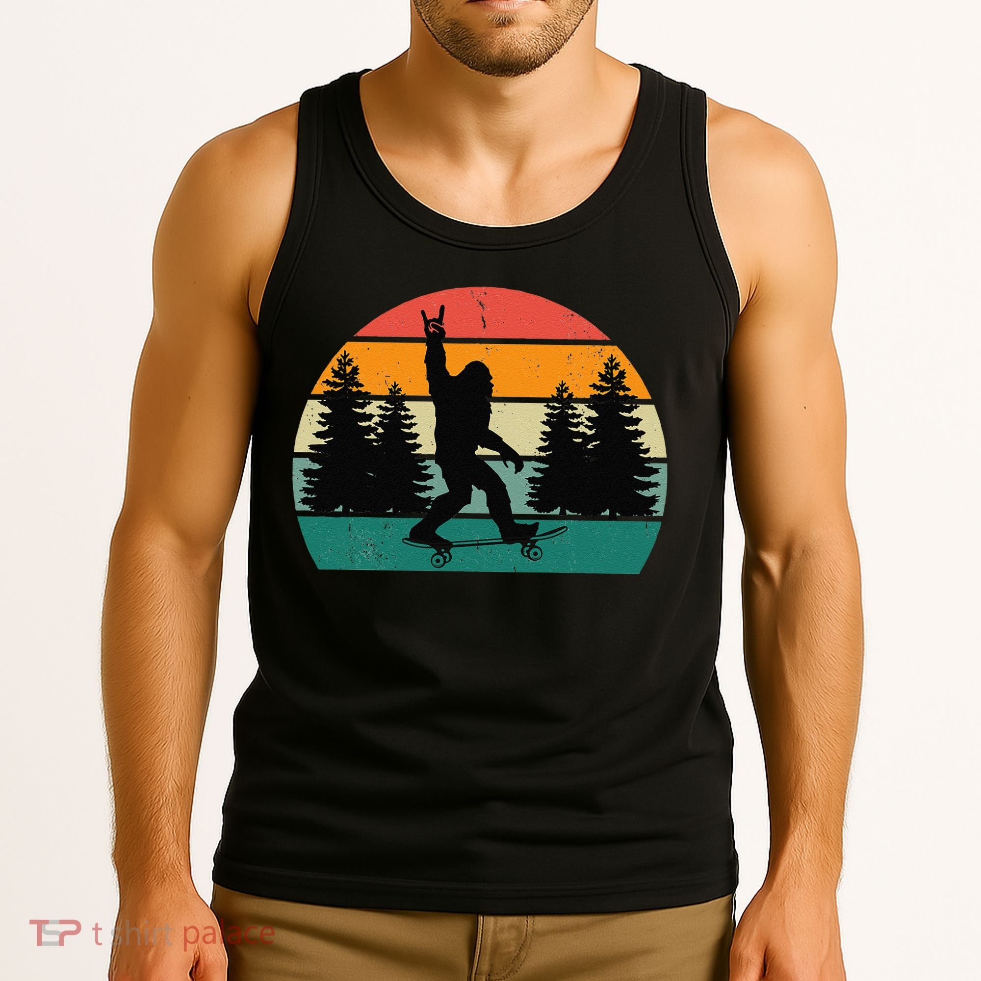 Bigfoot Skateboarding Skater Retro Sunset Funny Sasquatch Tank Top