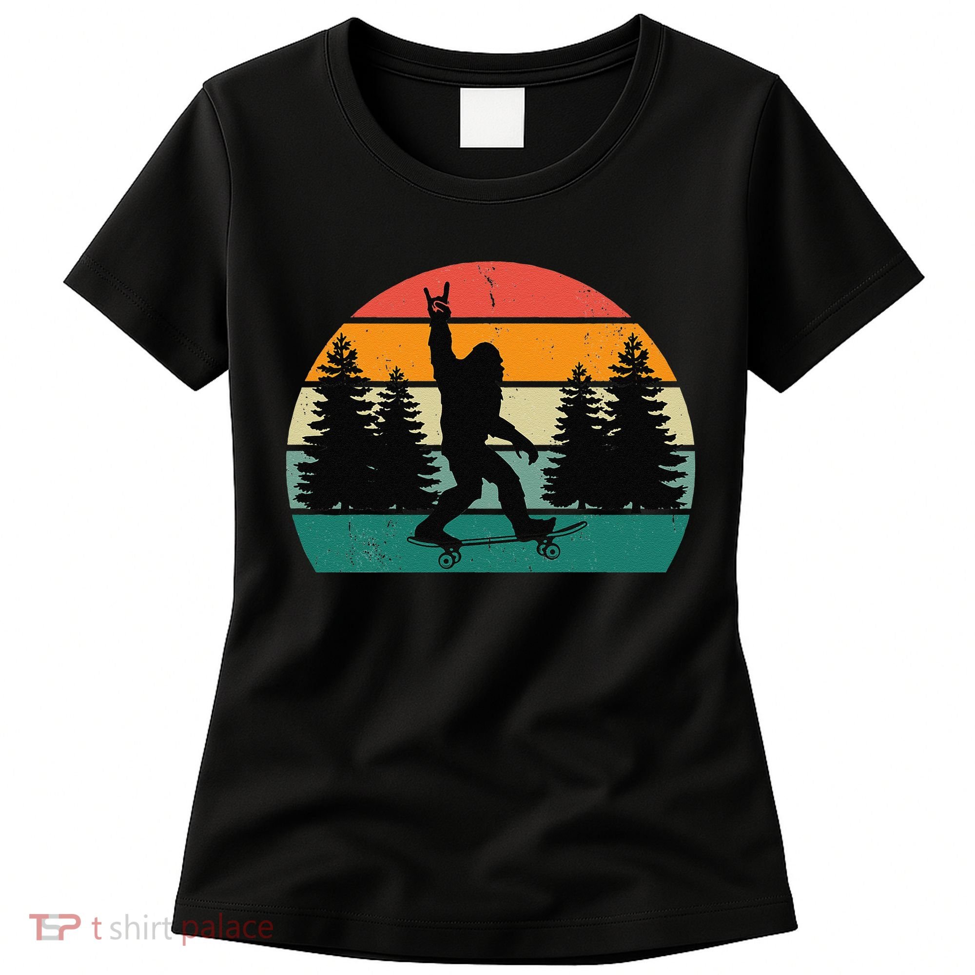 Bigfoot Skateboarding Skater Retro Sunset Funny Sasquatch Women's T-Shirt
