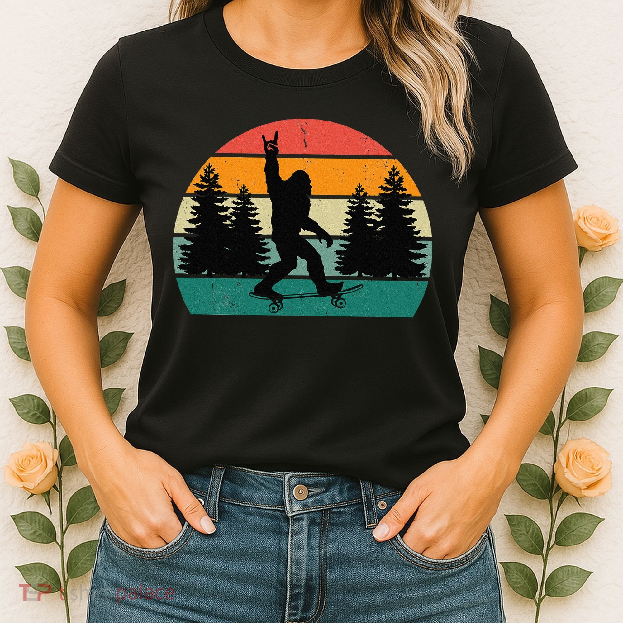 Bigfoot Skateboarding Skater Retro Sunset Funny Sasquatch Women's T-Shirt