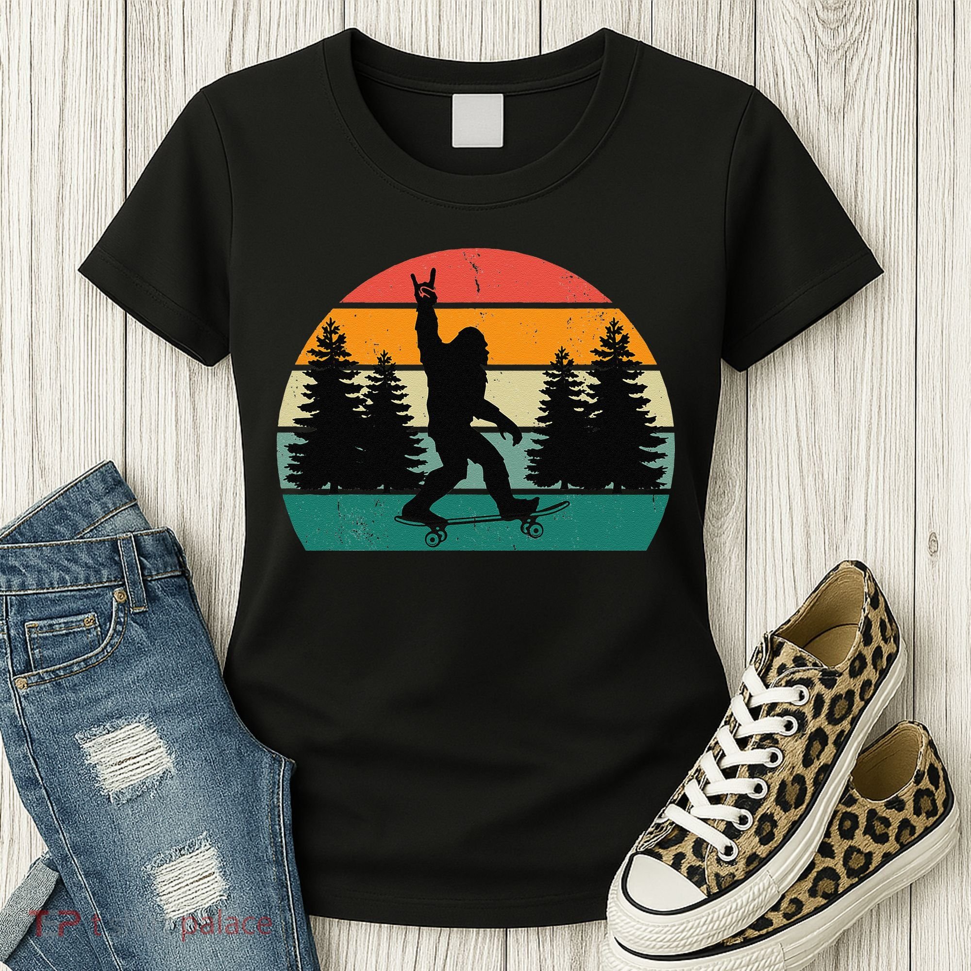 Bigfoot Skateboarding Skater Retro Sunset Funny Sasquatch Women's T-Shirt