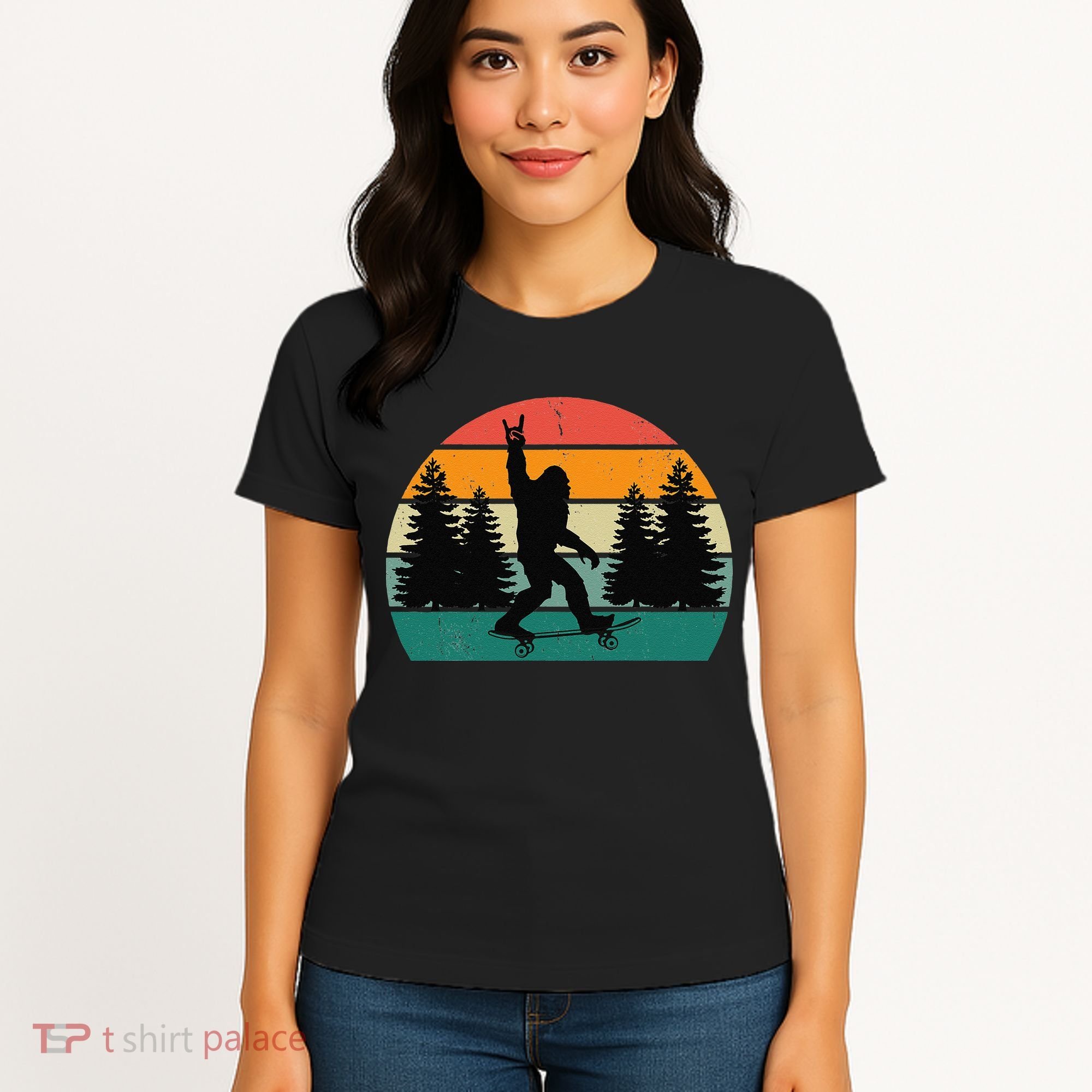 Bigfoot Skateboarding Skater Retro Sunset Funny Sasquatch Women's T-Shirt