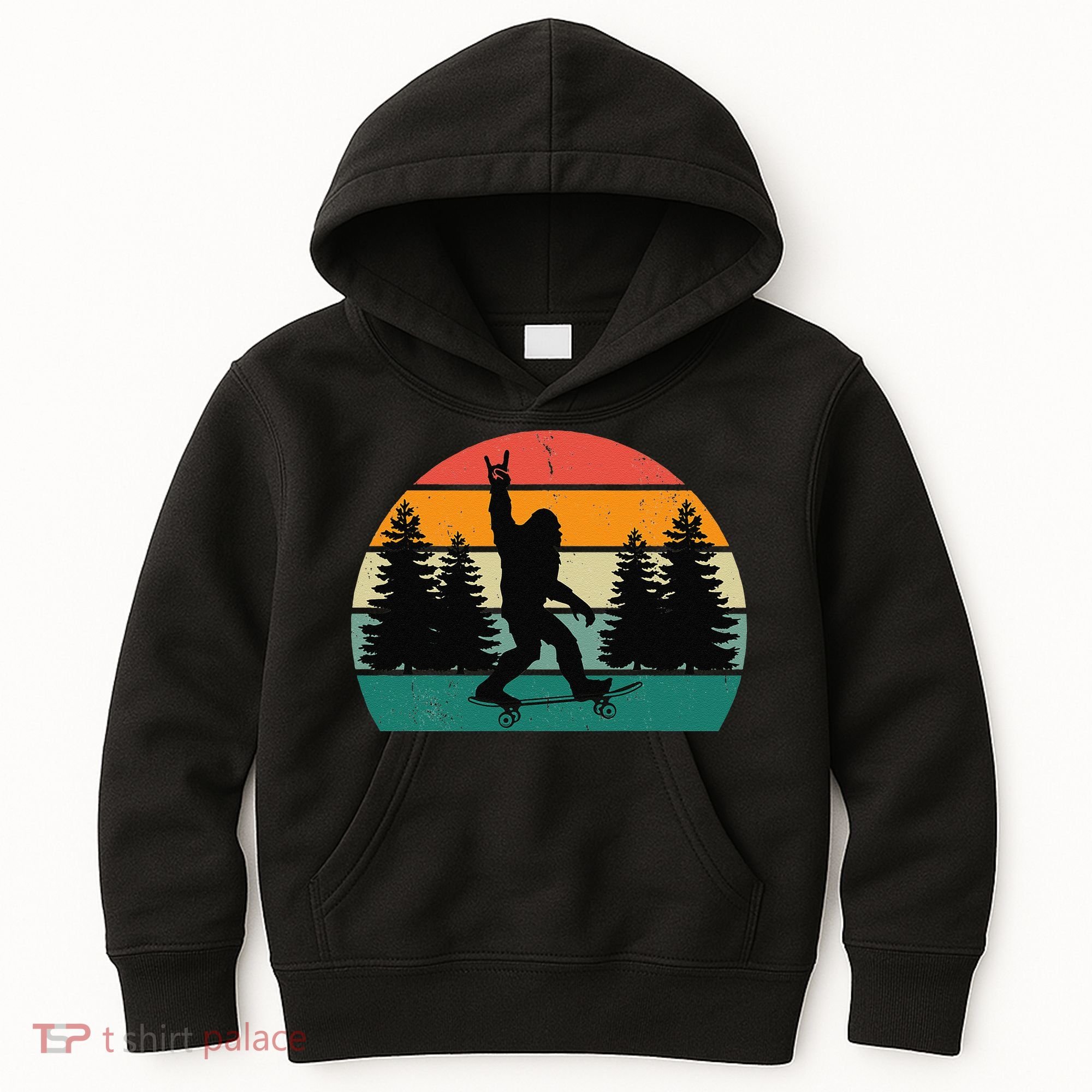 Bigfoot Skateboarding Skater Retro Sunset Funny Sasquatch Kids Hoodie